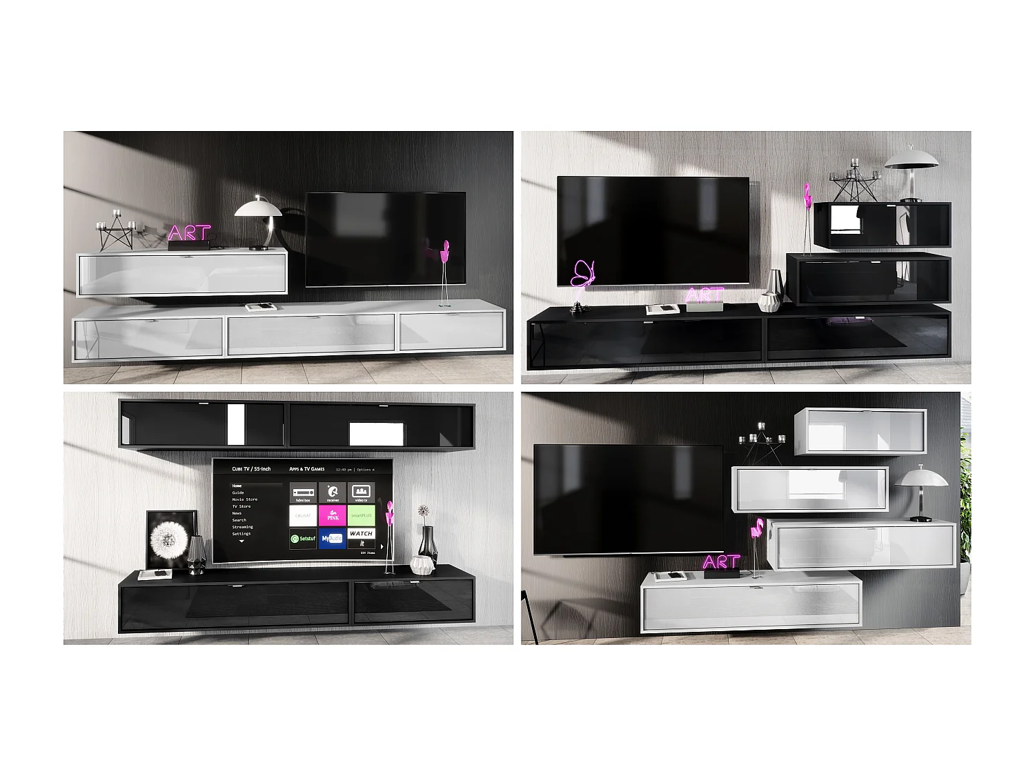 Ensemble de 2 set meuble TV Lana 140, lowboards de 140 x 29 x 37 cm chacun avec beaucoup d'espace de rangement, caisson en Blanc mat, façades en Gris sable brillant