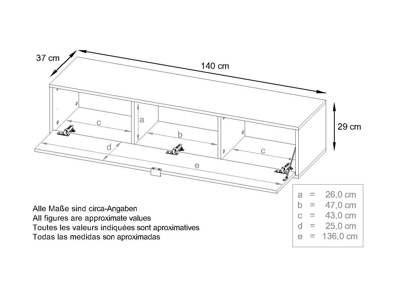 Set di mobili TV Lana 140 a parete Porta TV ciascuno 140 x 29 x 37 cm, struttura in bianco opaco, frontali in grigio sabbia High Gloss | Ampia scelta di colori