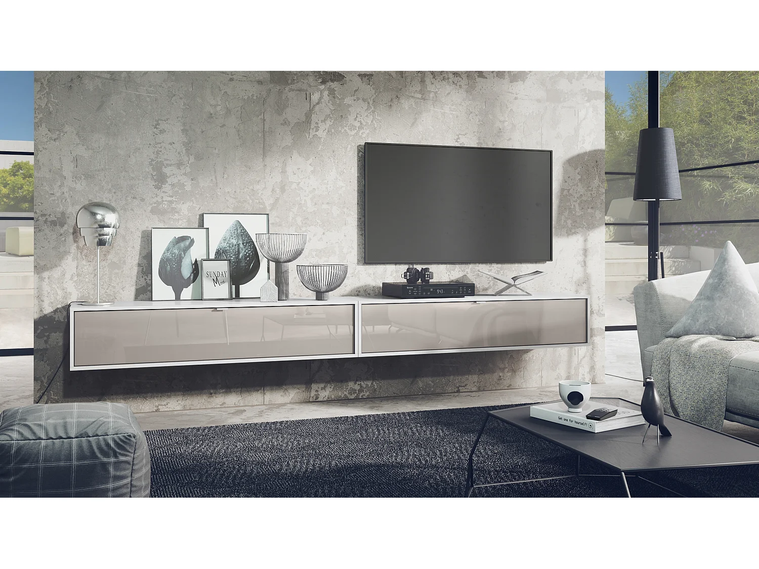 Set di mobili TV Lana 140 a parete Porta TV ciascuno 140 x 29 x 37 cm, struttura in bianco opaco, frontali in grigio sabbia High Gloss | Ampia scelta di colori
