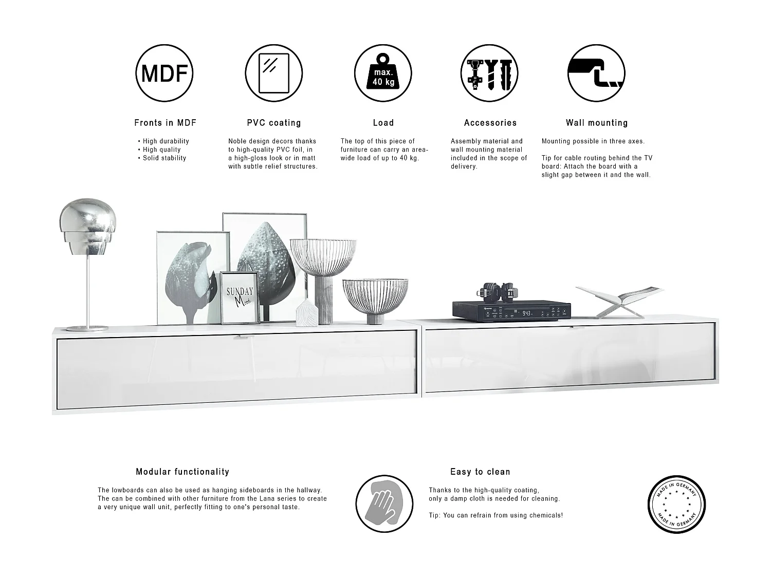 Set di mobili TV Lana 140 a parete Porta TV ciascuno 140 x 29 x 37 cm, struttura in bianco opaco, frontali in grigio sabbia High Gloss | Ampia scelta di colori