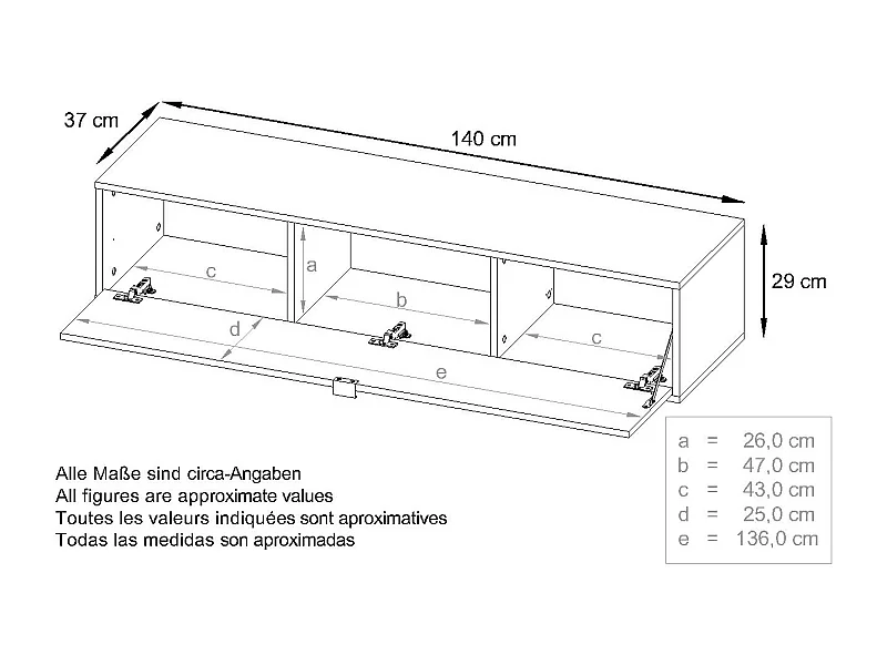Ensemble de 2 set meuble TV Lana 140, lowboards de 140 x 29 x 37 cm chacun avec beaucoup d'espace de rangement, caisson en Blanc mat, façades en Gris sable brillant