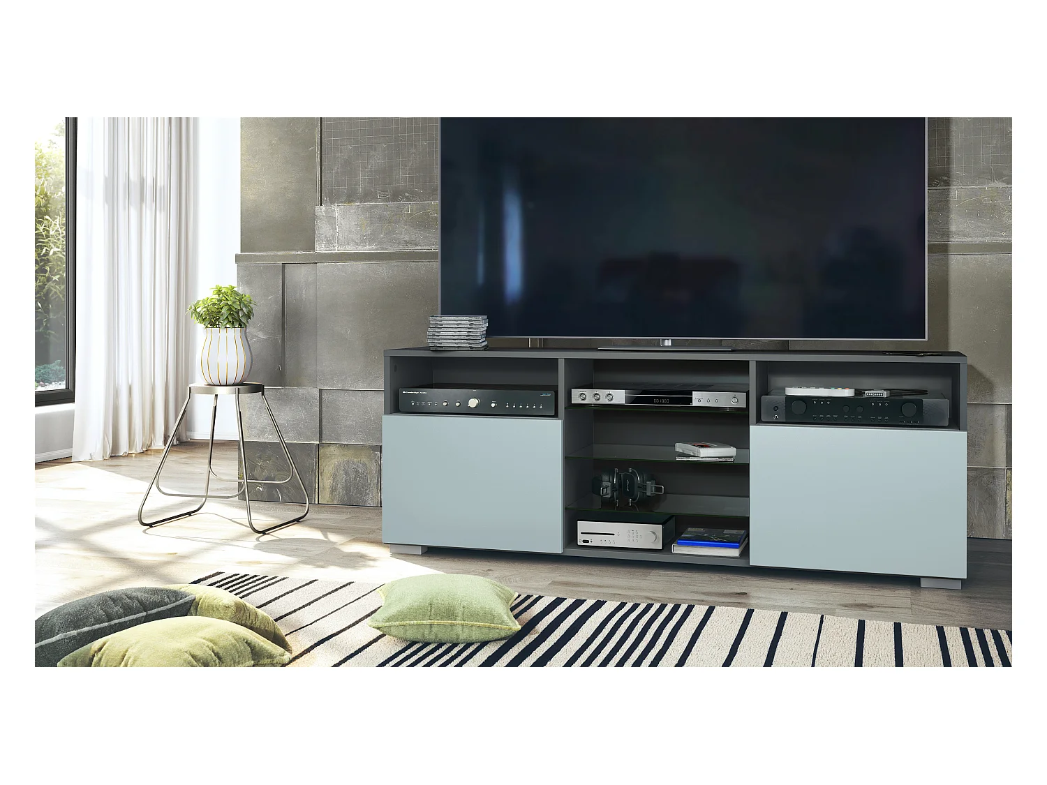 Meuble TV Granada, Lowboard avec 2 portes et 6 compartiments ouverts, corps anthracite mat, façades en denim mat (146 x 54 x 35 cm)