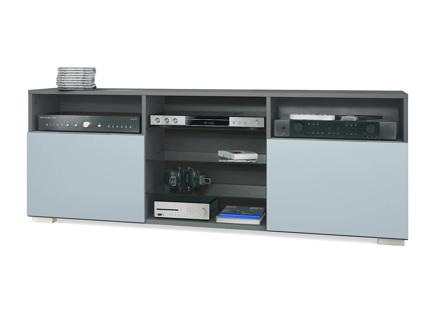 Tavolino TV Granada, mobile per televisore con 2 ante e 6 vani a giorno, mobile antracite opaco, frontali in denim opaco (146 x 54 x 35 cm)