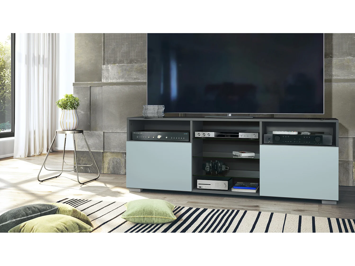 Tavolino TV Granada, mobile per televisore con 2 ante e 6 vani a giorno, mobile antracite opaco, frontali in denim opaco (146 x 54 x 35 cm)