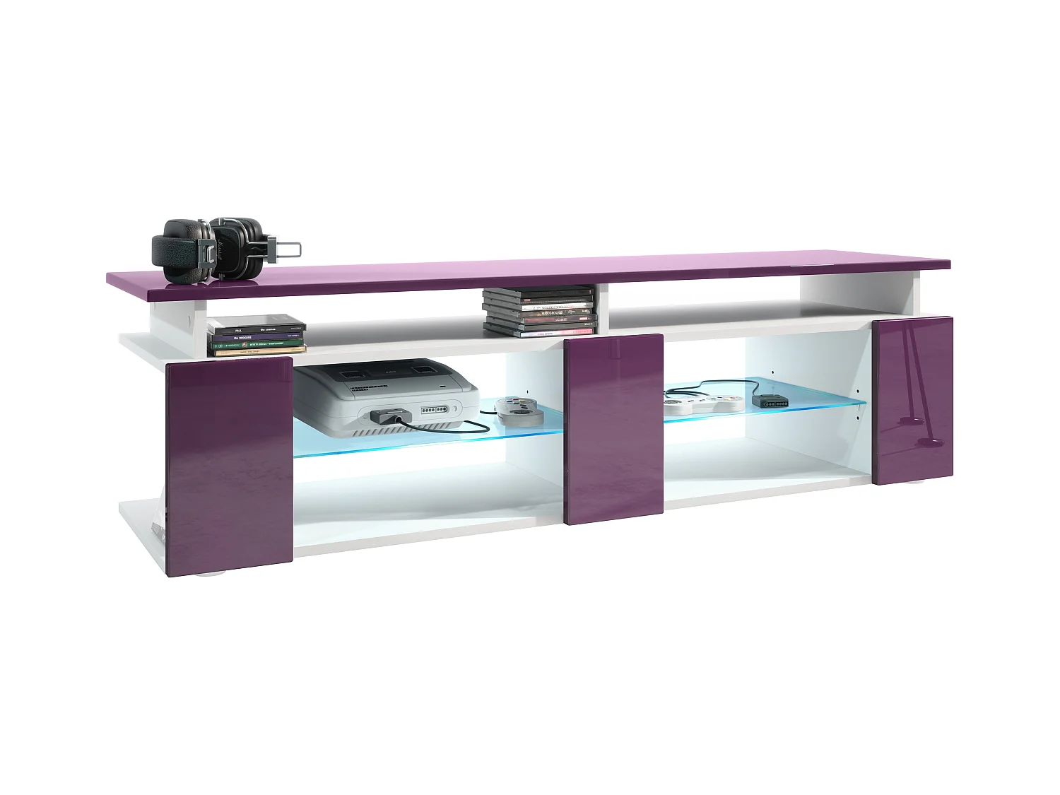 TV Board Movie V2 Game On Lowboard 138,5 x 39 x 39 cm , caisson en blanc mat, façades en mûre haute brillance