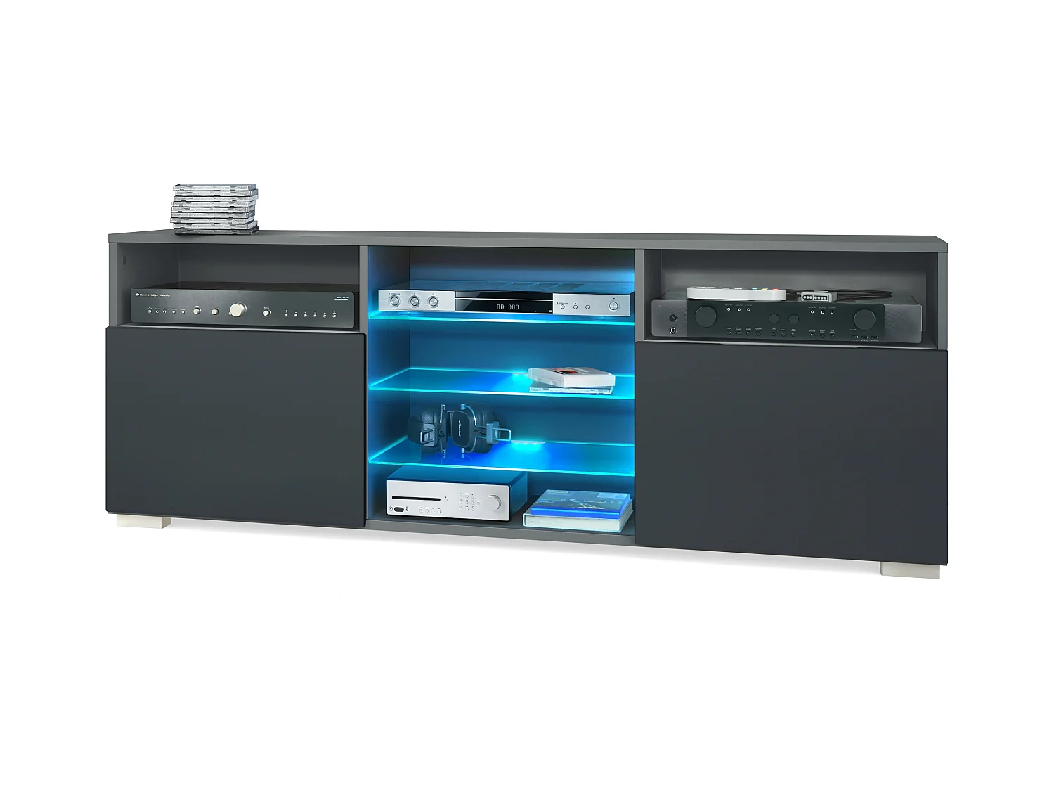 Mueble TV Granada, mueble bajo con 2 puertas y 6 compartimentos abiertos, cuerpo antracita mate, frentes en negro mate con iluminación LED RGB  (146 x 54 x 35 cm)