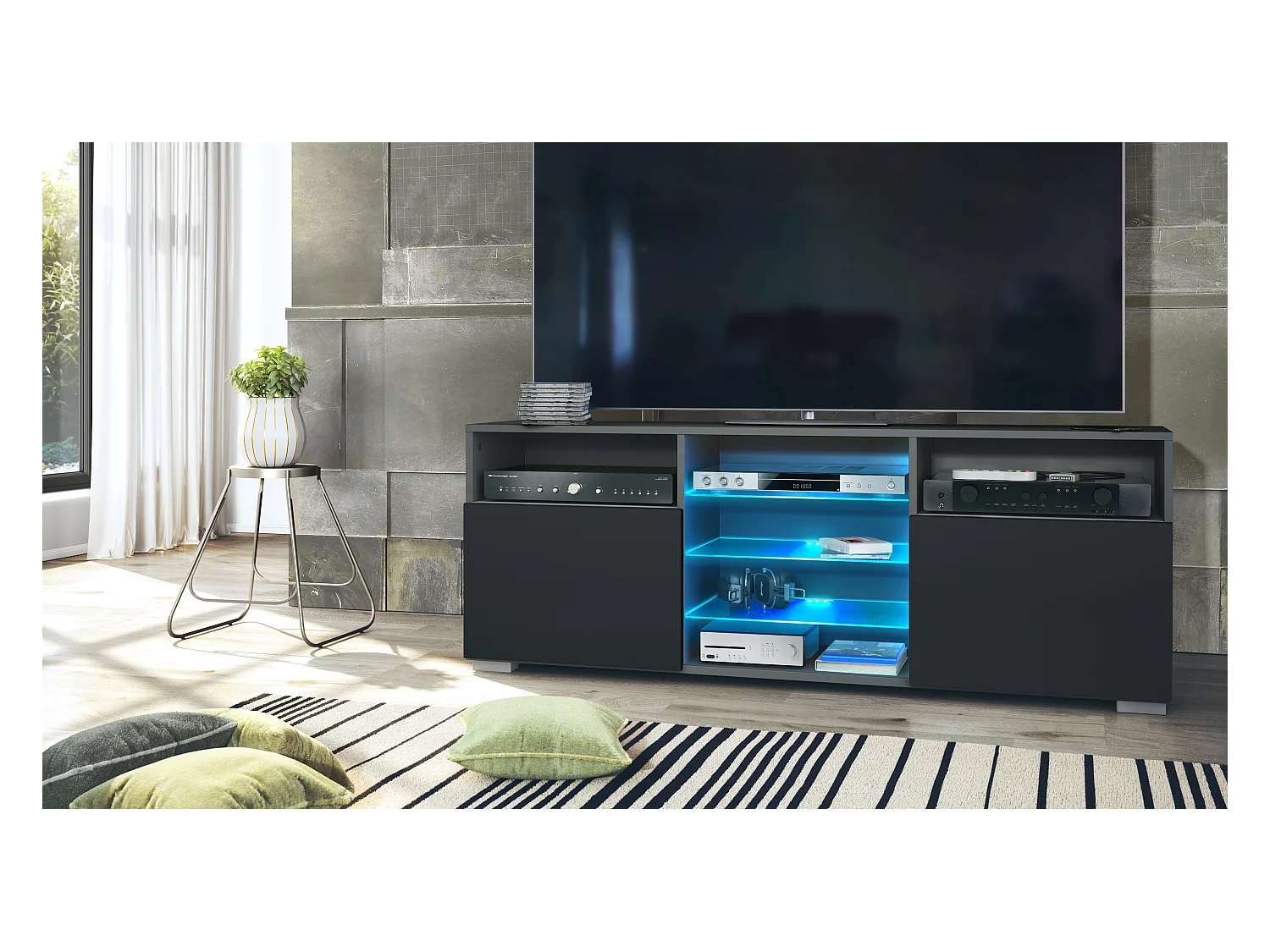 Mueble TV Granada, mueble bajo con 2 puertas y 6 compartimentos abiertos, cuerpo antracita mate, frentes en negro mate con iluminación LED RGB  (146 x 54 x 35 cm)