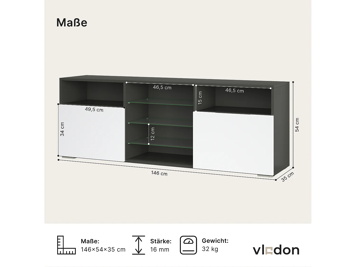Mueble TV Granada, mueble bajo con 2 puertas y 6 compartimentos abiertos, cuerpo antracita mate, frentes en negro mate con iluminación LED RGB  (146 x 54 x 35 cm)