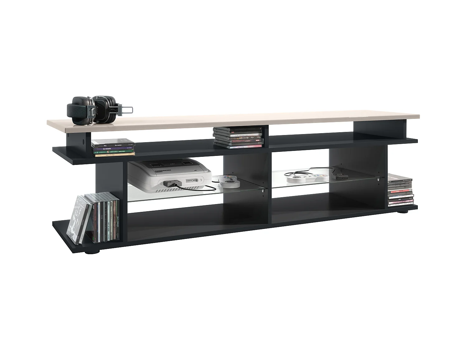 TV Board Movie V3 Game On 138,5 x 39 x 37,5 cm , caisson en noir mat, élément supérieur en gris sable haute brillance