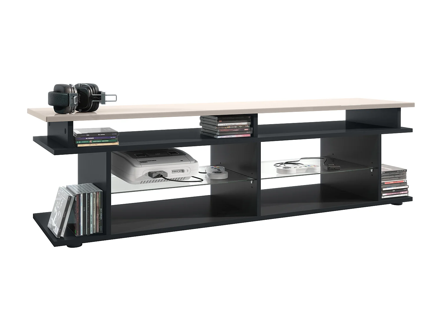 TV Board Movie V3 Game On 138,5 x 39 x 37,5 cm , caisson en noir mat, élément supérieur en gris sable haute brillance