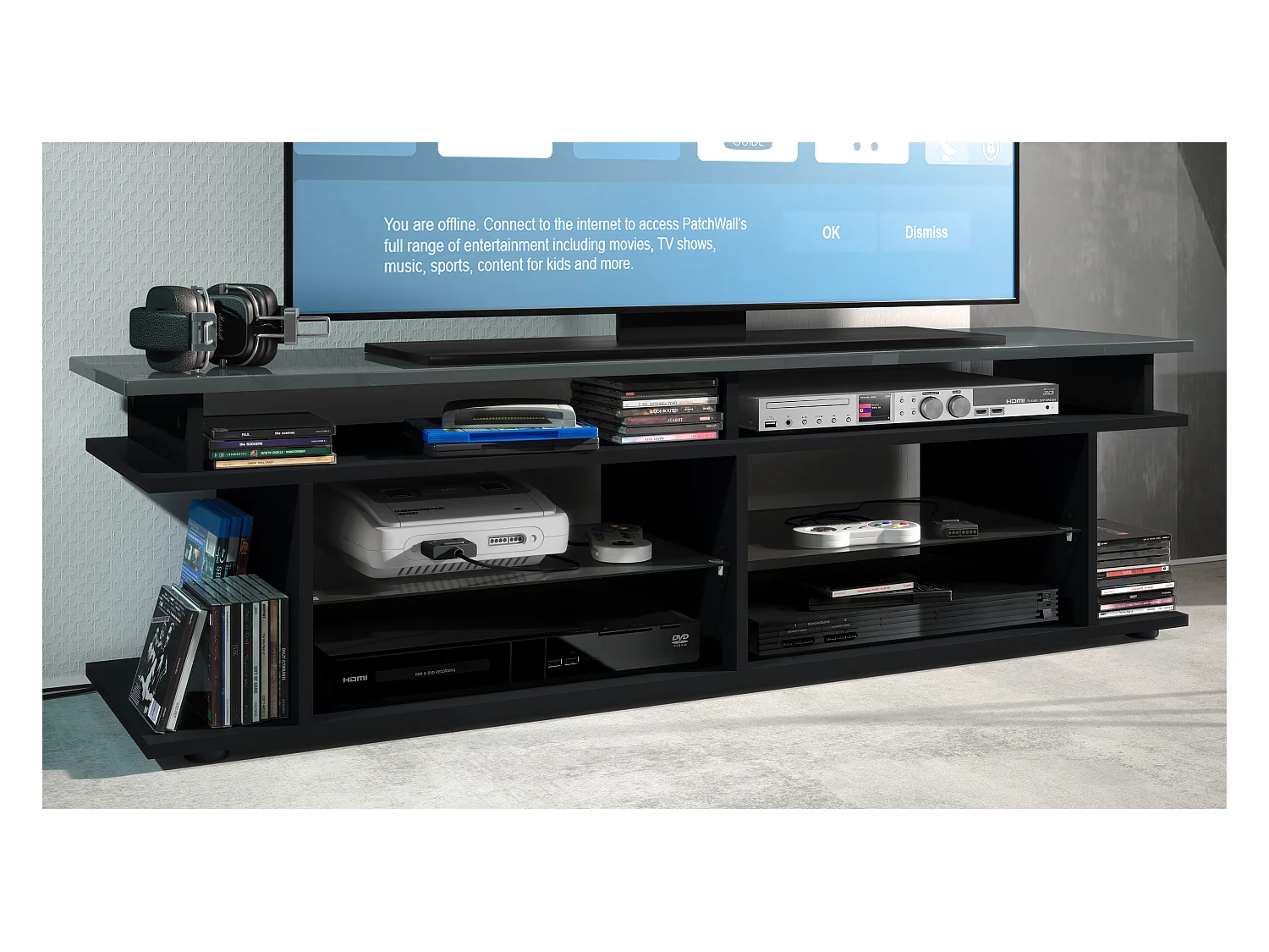 TV Board Movie V3 Game On 138,5 x 39 x 37,5 cm , caisson en noir mat, élément supérieur en gris haute brillance