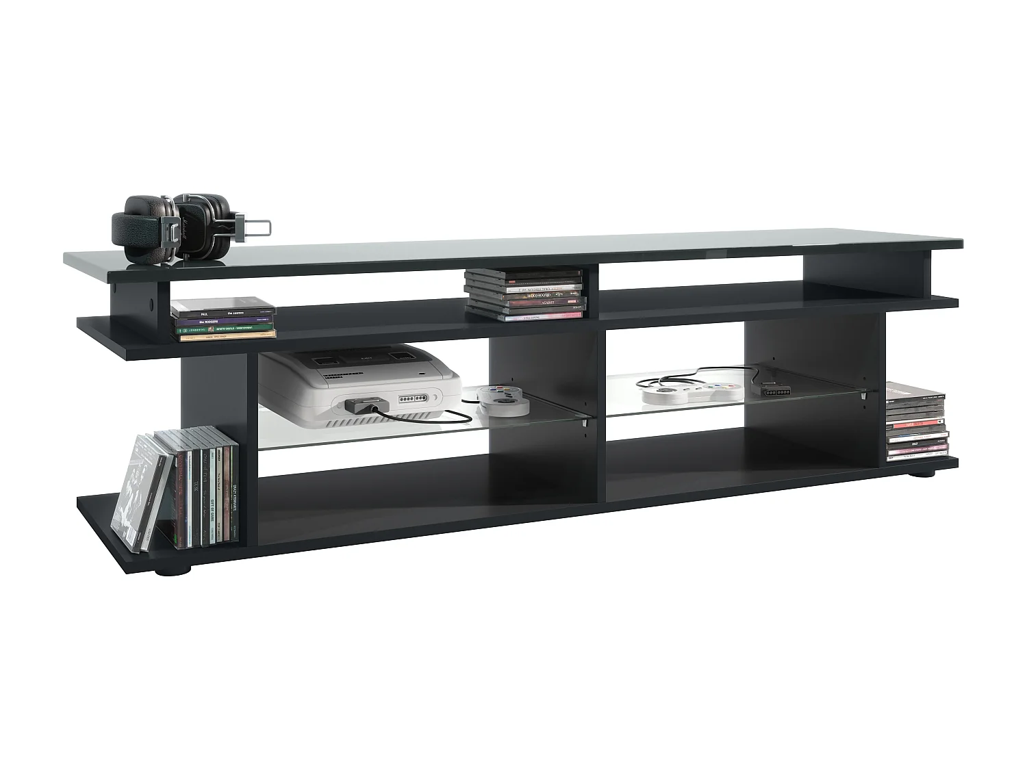 TV Board Movie V3 Game On 138,5 x 39 x 37,5 cm , caisson en noir mat, élément supérieur en gris haute brillance