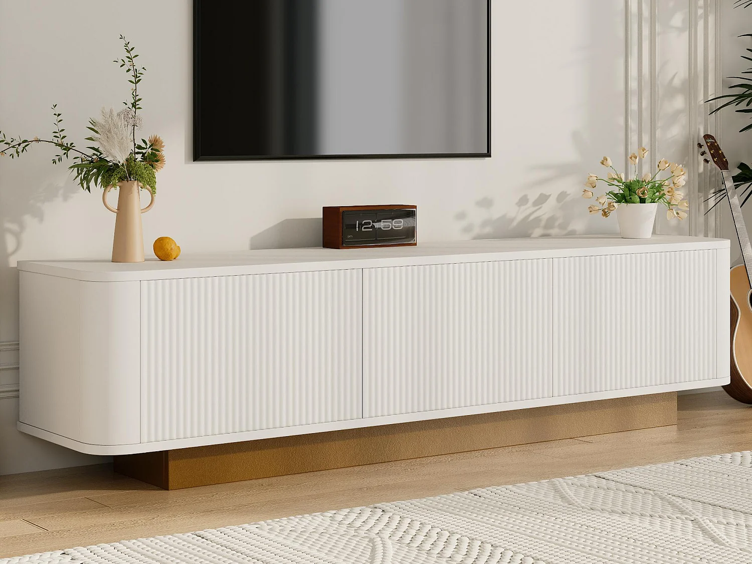 Meuble TV moderne 170x40x47cm - design rond - 3 portes - étagères réglables - blanc