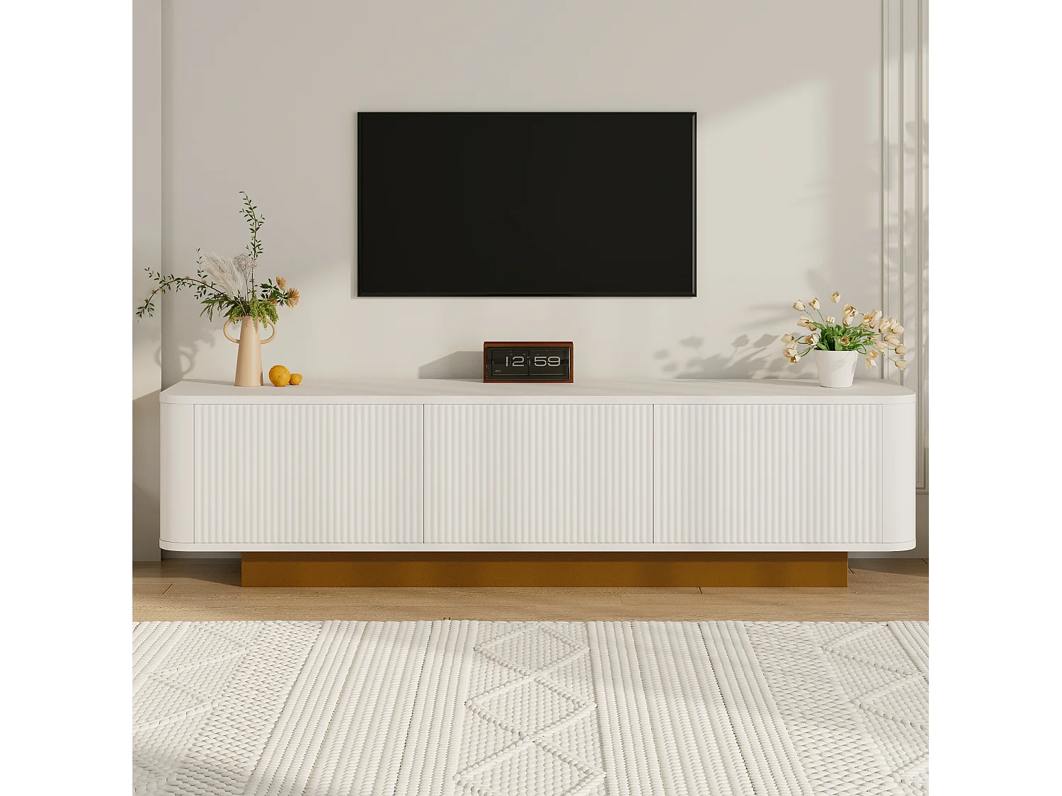 Meuble TV moderne 170x40x47cm - design rond - 3 portes - étagères réglables - blanc