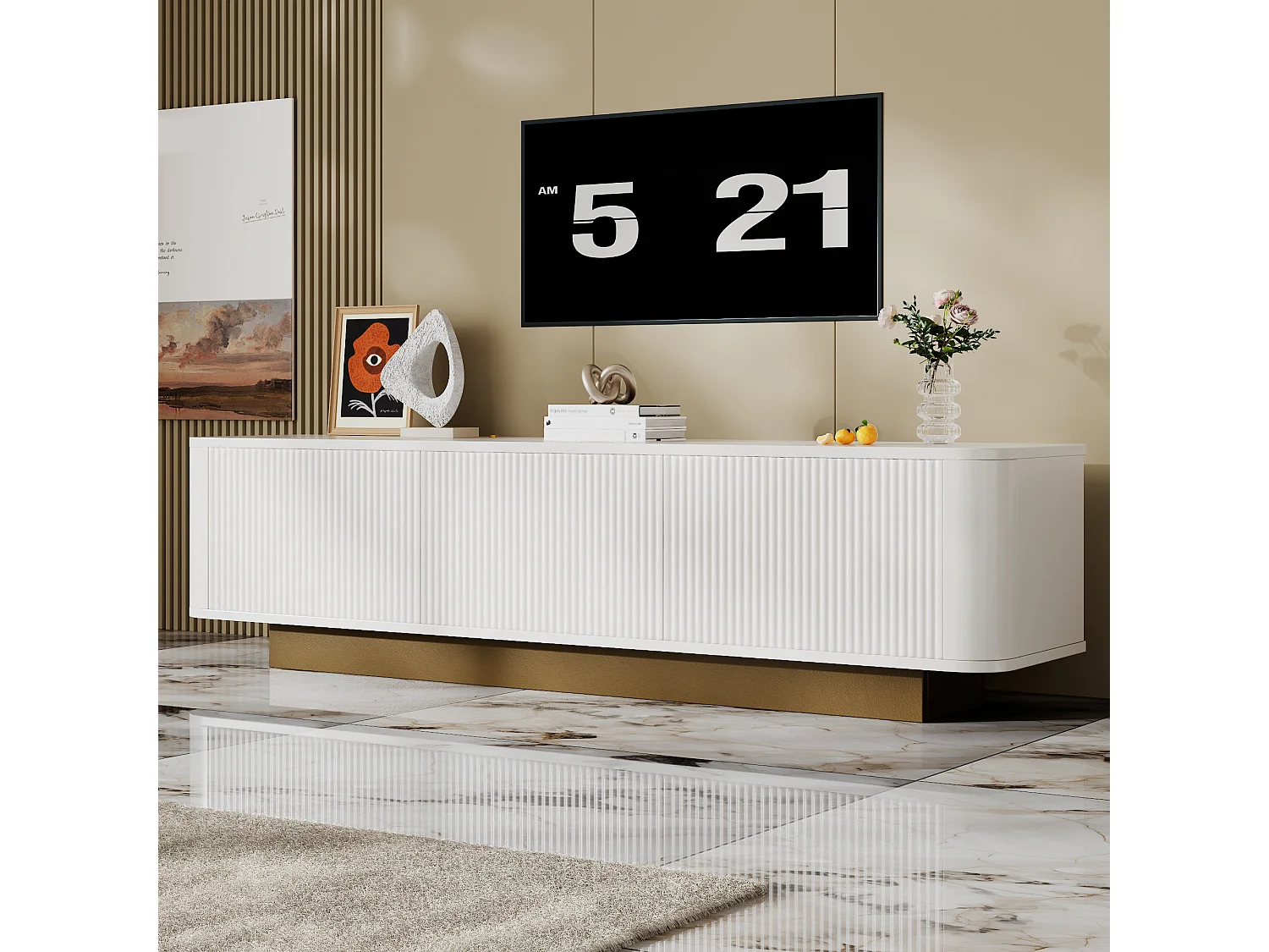 Meuble TV moderne 170x40x47cm - design rond - 3 portes - étagères réglables - blanc