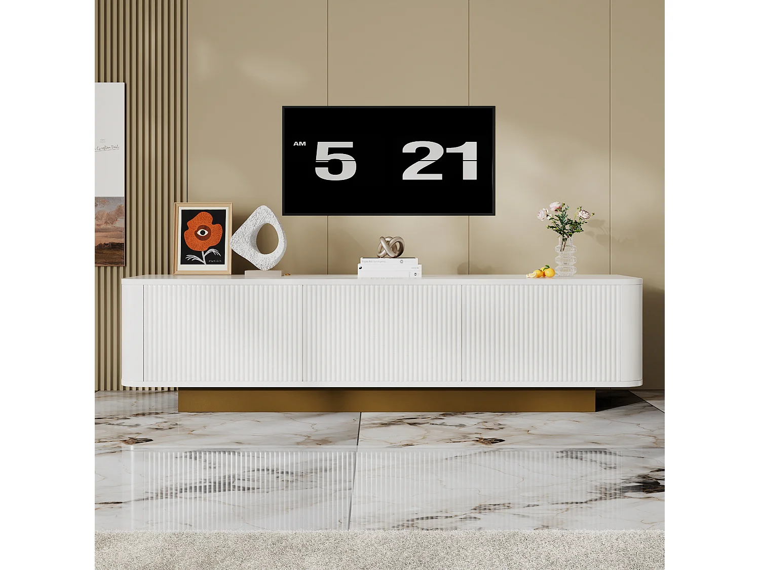 Meuble TV moderne 170x40x47cm - design rond - 3 portes - étagères réglables - blanc