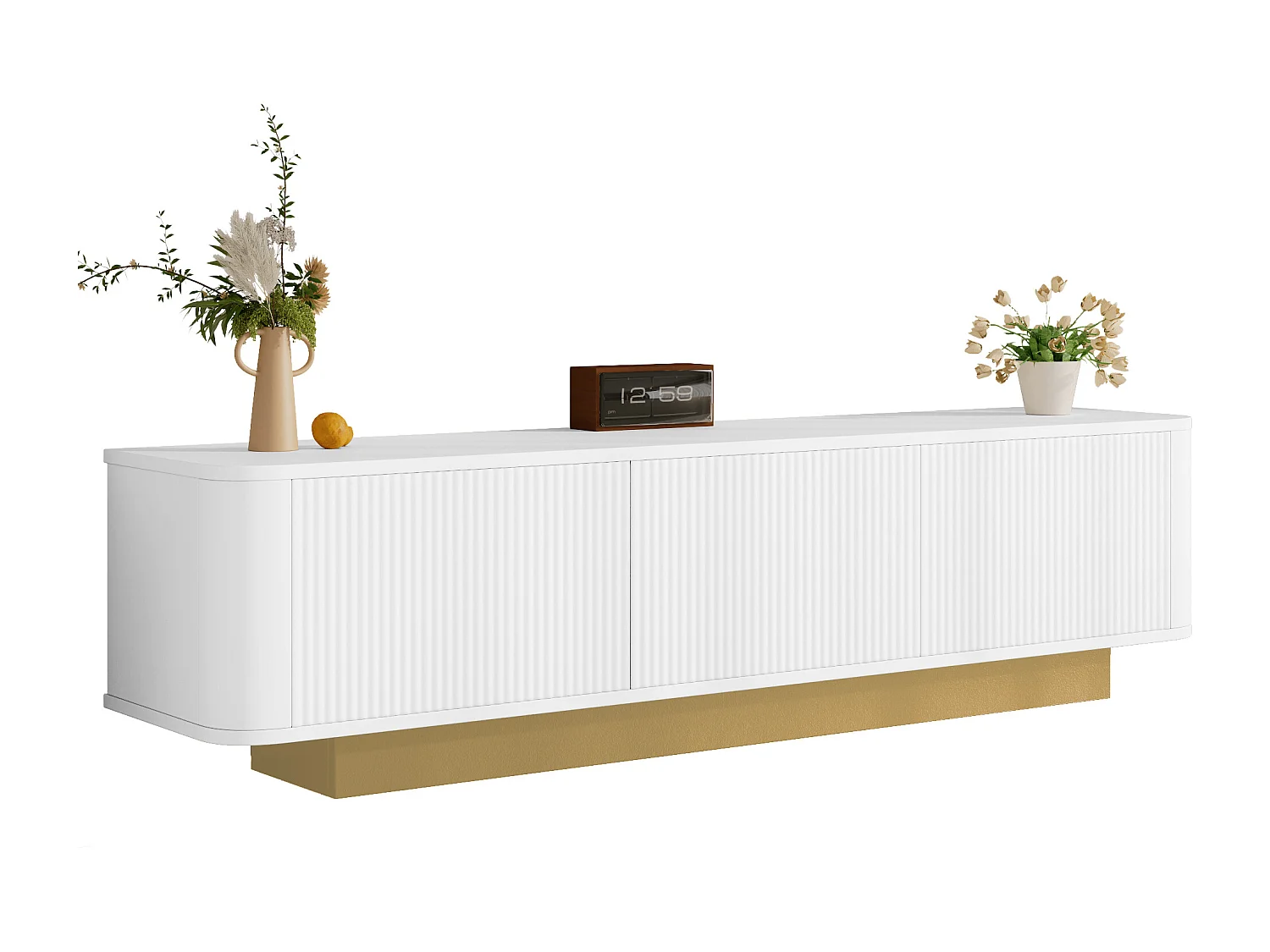 Meuble TV moderne 170x40x47cm - design rond - 3 portes - étagères réglables - blanc