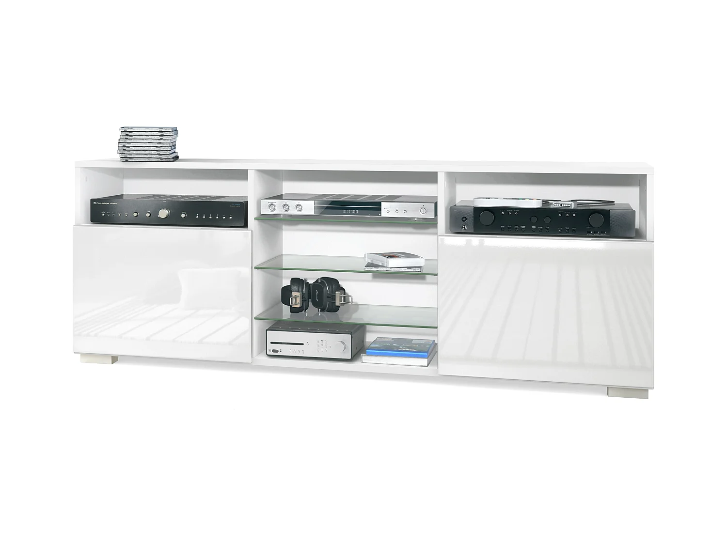 Mueble TV Granada, mueble bajo con 2 puertas y 6 compartimentos abiertos, cuerpo blanco mate, frentes en blanco de alto brillo (146 x 54 x 35 cm)