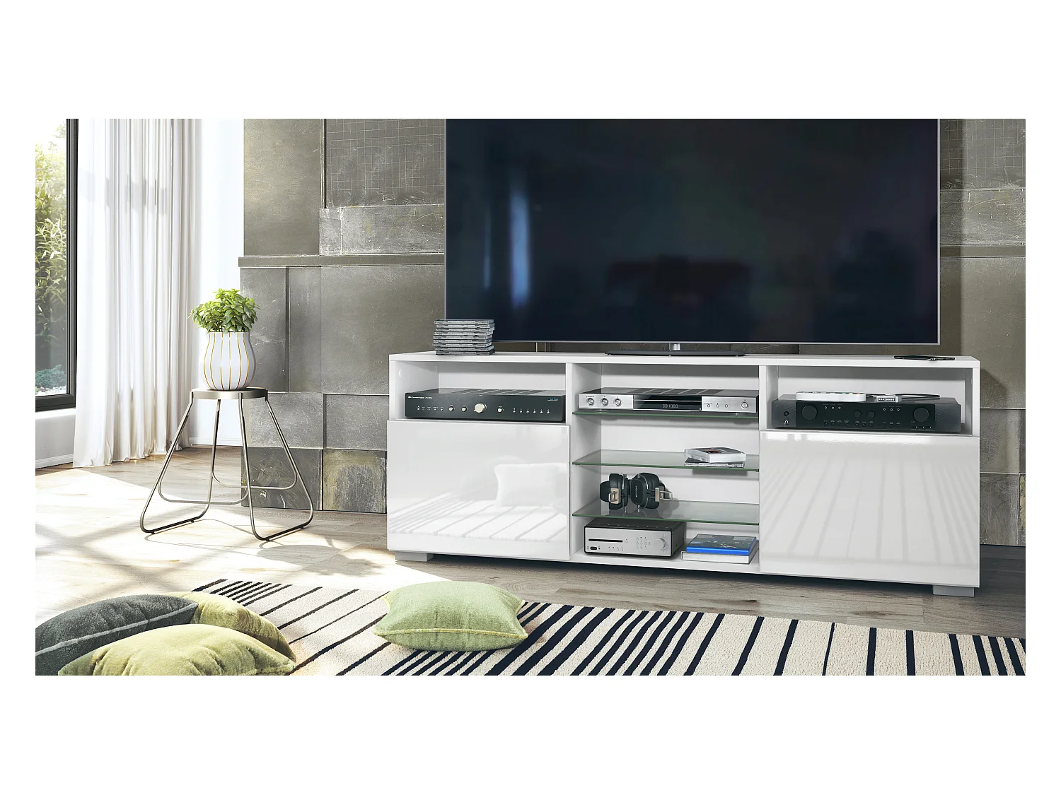 Mueble TV Granada, mueble bajo con 2 puertas y 6 compartimentos abiertos, cuerpo blanco mate, frentes en blanco de alto brillo (146 x 54 x 35 cm)