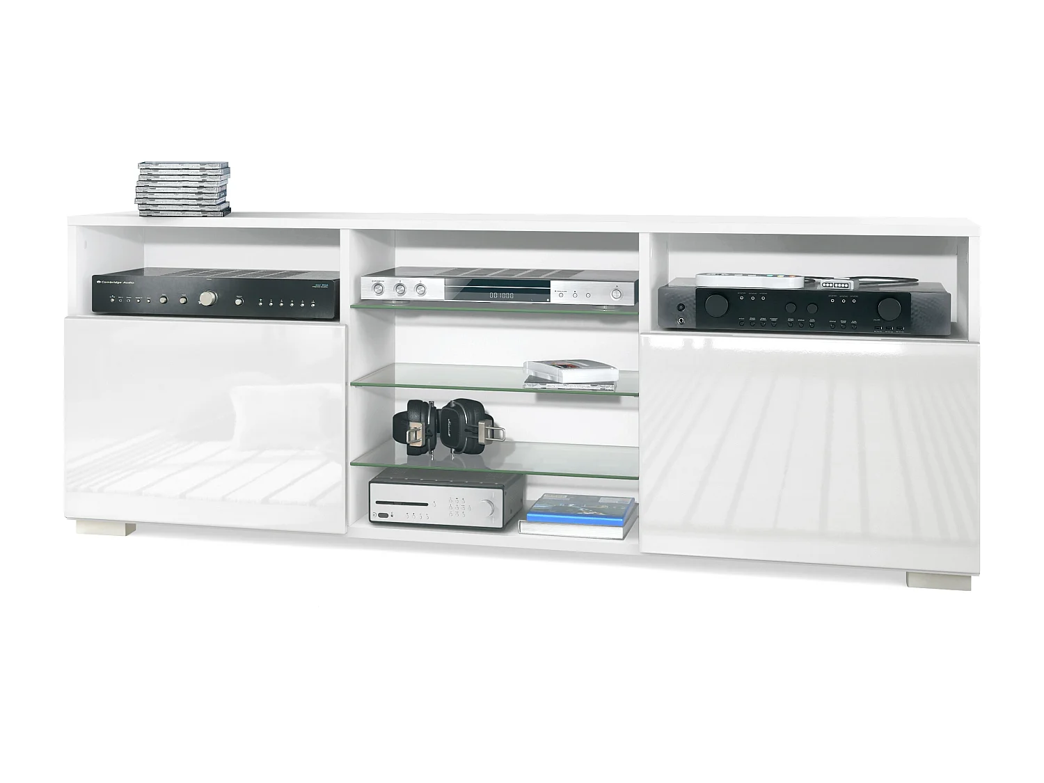 Meuble TV Granada, Lowboard avec 2 portes et 6 compartiments ouverts, corps blanc mat, façades en blanc haute brillance (146 x 54 x 35 cm)