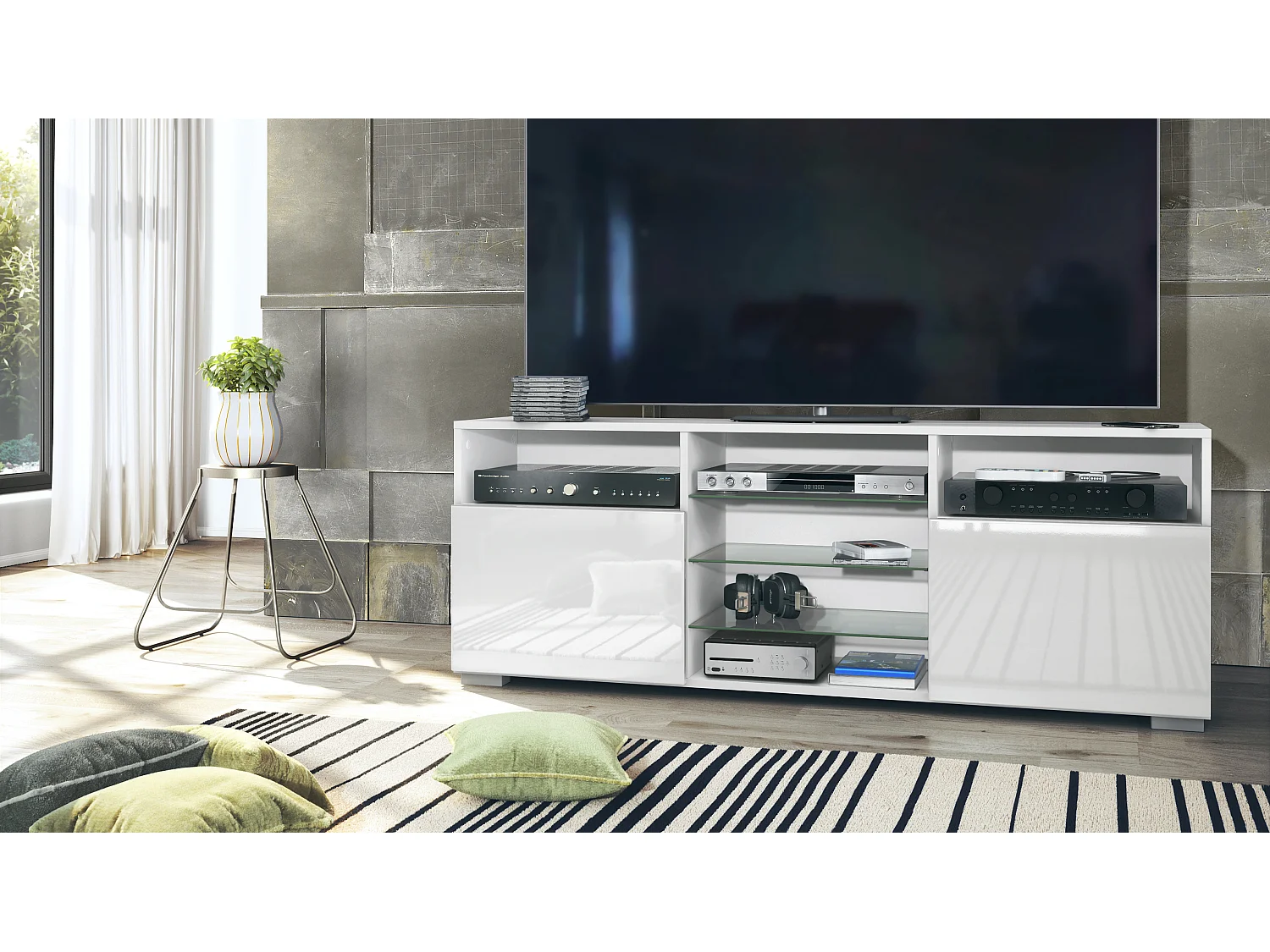 Meuble TV Granada, Lowboard avec 2 portes et 6 compartiments ouverts, corps blanc mat, façades en blanc haute brillance (146 x 54 x 35 cm)