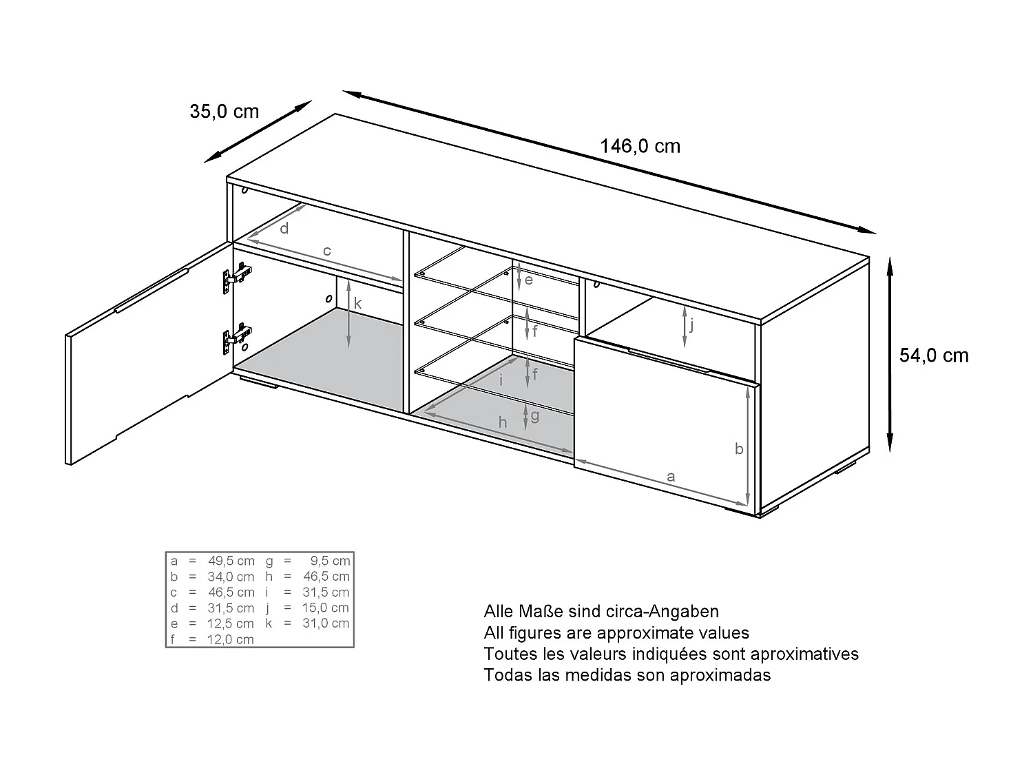 Meuble TV Granada, Lowboard avec 2 portes et 6 compartiments ouverts, corps blanc mat, façades en blanc haute brillance (146 x 54 x 35 cm)
