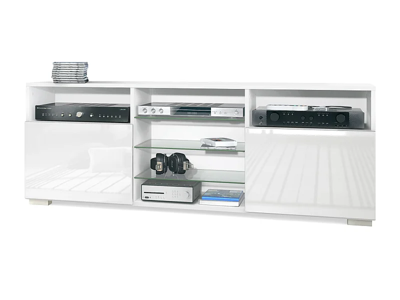 Meuble TV Granada, Lowboard avec 2 portes et 6 compartiments ouverts, corps blanc mat, façades en blanc haute brillance (146 x 54 x 35 cm)