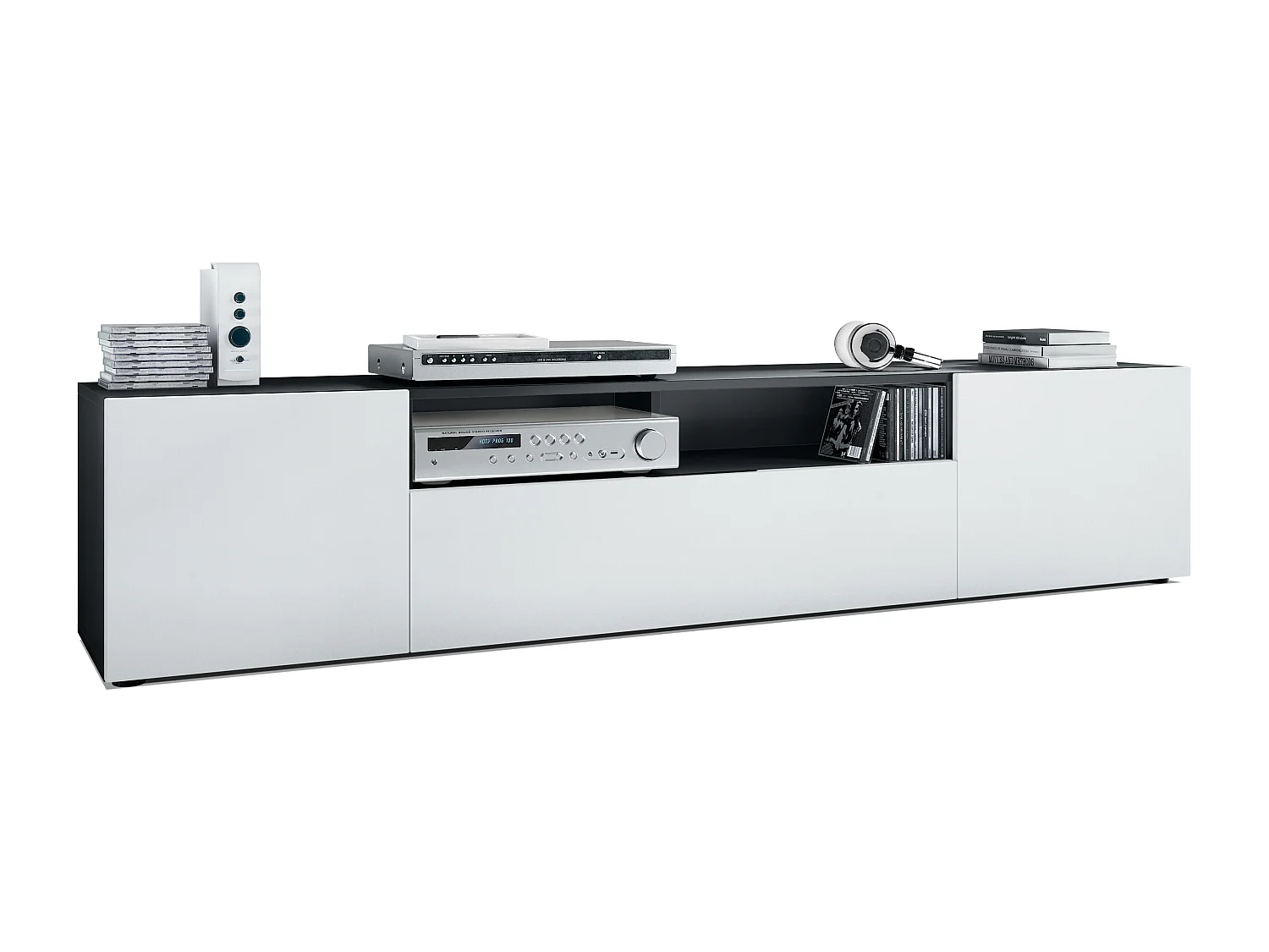 Buffet bas Mogan, Meuble TV avec 2 portes, 1 clapet et 1 compartiment ouvert, Noir mat/Blanc mat (181 x 39 x 35 cm)