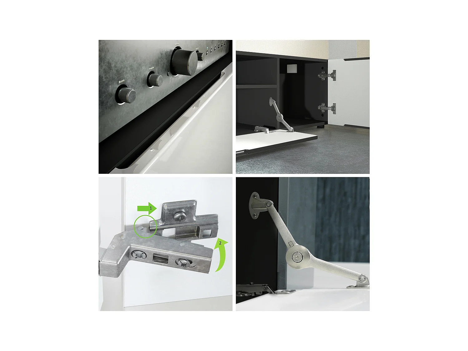 Buffet bas Mogan, Meuble TV avec 2 portes, 1 clapet et 1 compartiment ouvert, Noir mat/Blanc mat (181 x 39 x 35 cm)