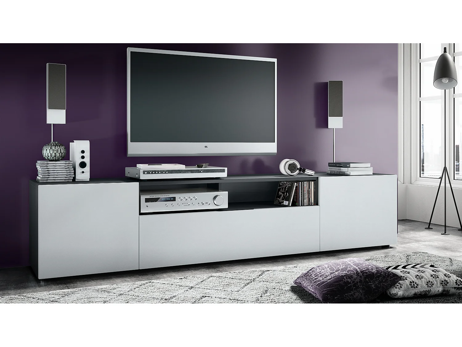 Buffet bas Mogan, Meuble TV avec 2 portes, 1 clapet et 1 compartiment ouvert, Noir mat/Blanc mat (181 x 39 x 35 cm)