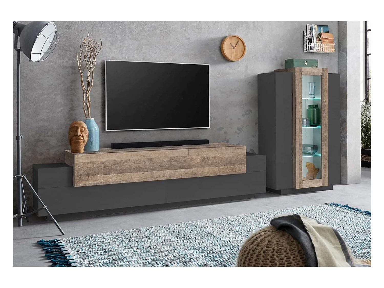 Parete attrezzata moderna antracite e legno mobile porta TV vetrina Woud AP