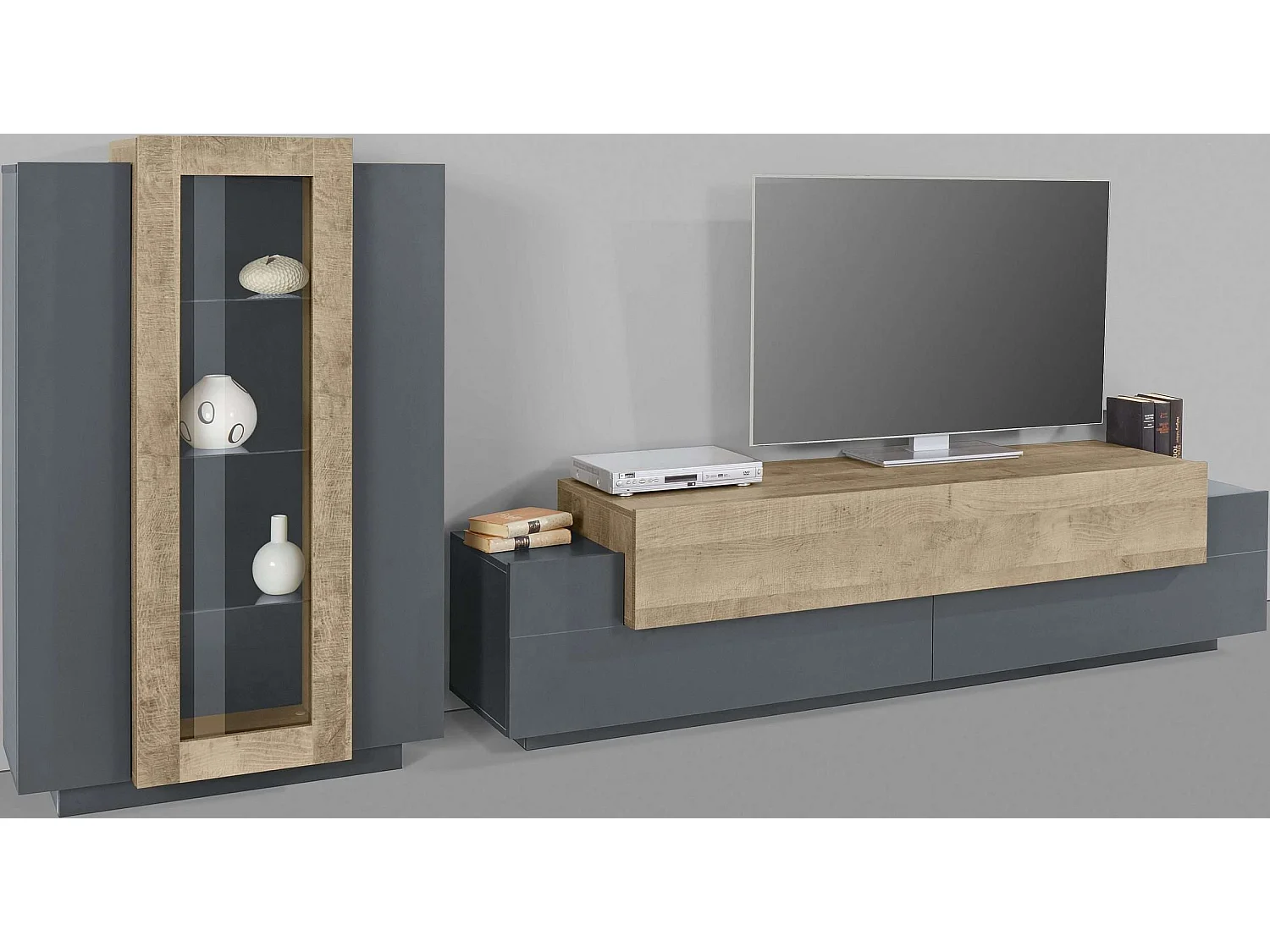 Meuble TV mural moderne en bois et meuble vitrine noir Woud AP