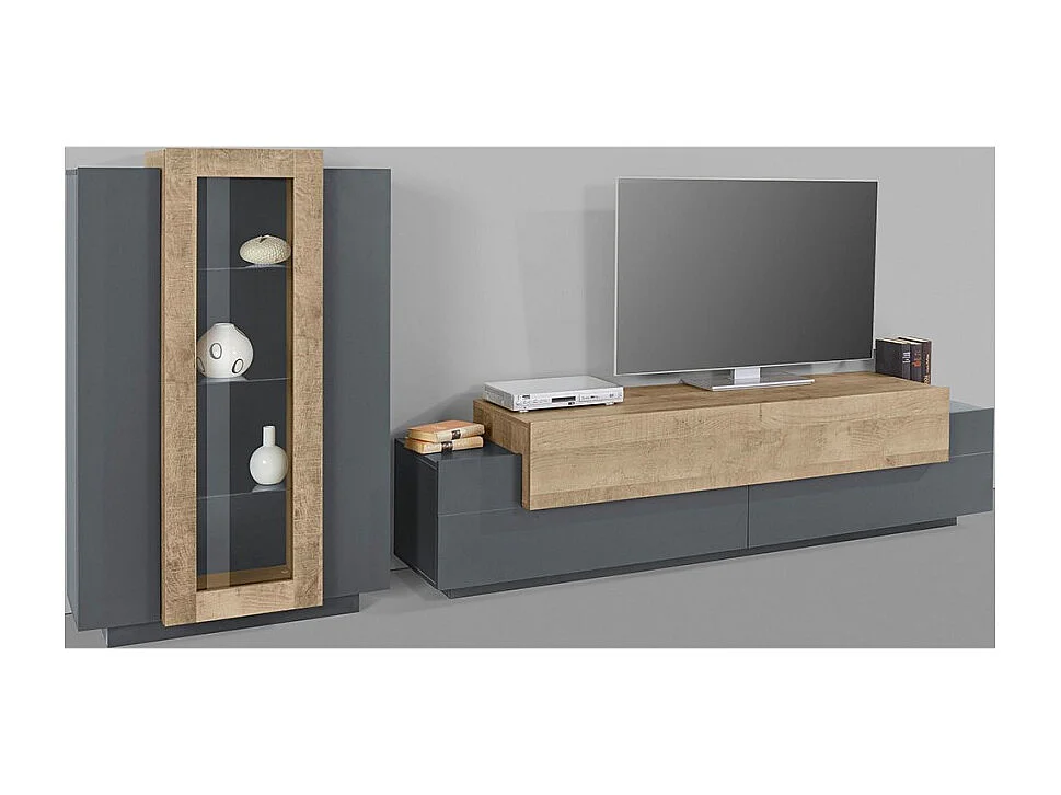 Meuble TV mural moderne en bois et meuble vitrine noir Woud AP