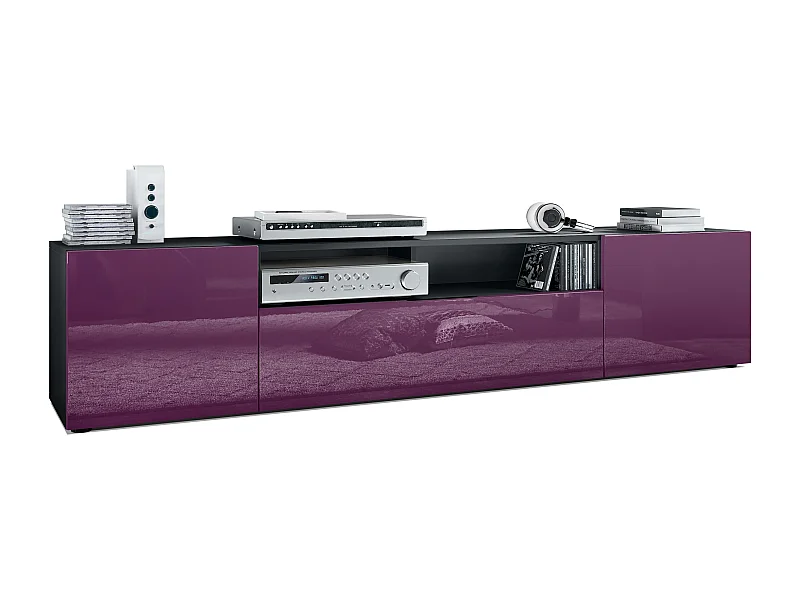 Buffet bas Mogan, Meuble TV avec 2 portes, 1 clapet et 1 compartiment ouvert, Noir mat/Mûre haute brillance (181 x 39 x 35 cm)