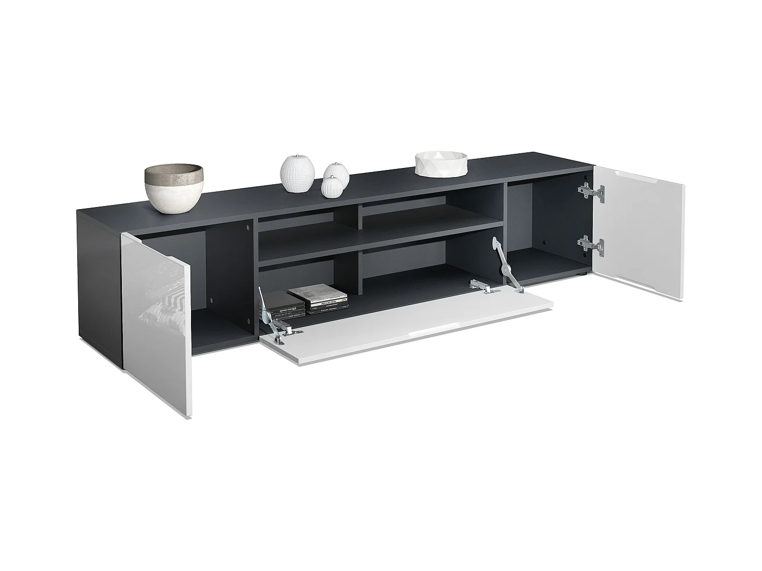 Buffet bas Mogan, Meuble TV avec 2 portes, 1 clapet et 1 compartiment ouvert, Noir mat/Mûre haute brillance (181 x 39 x 35 cm)