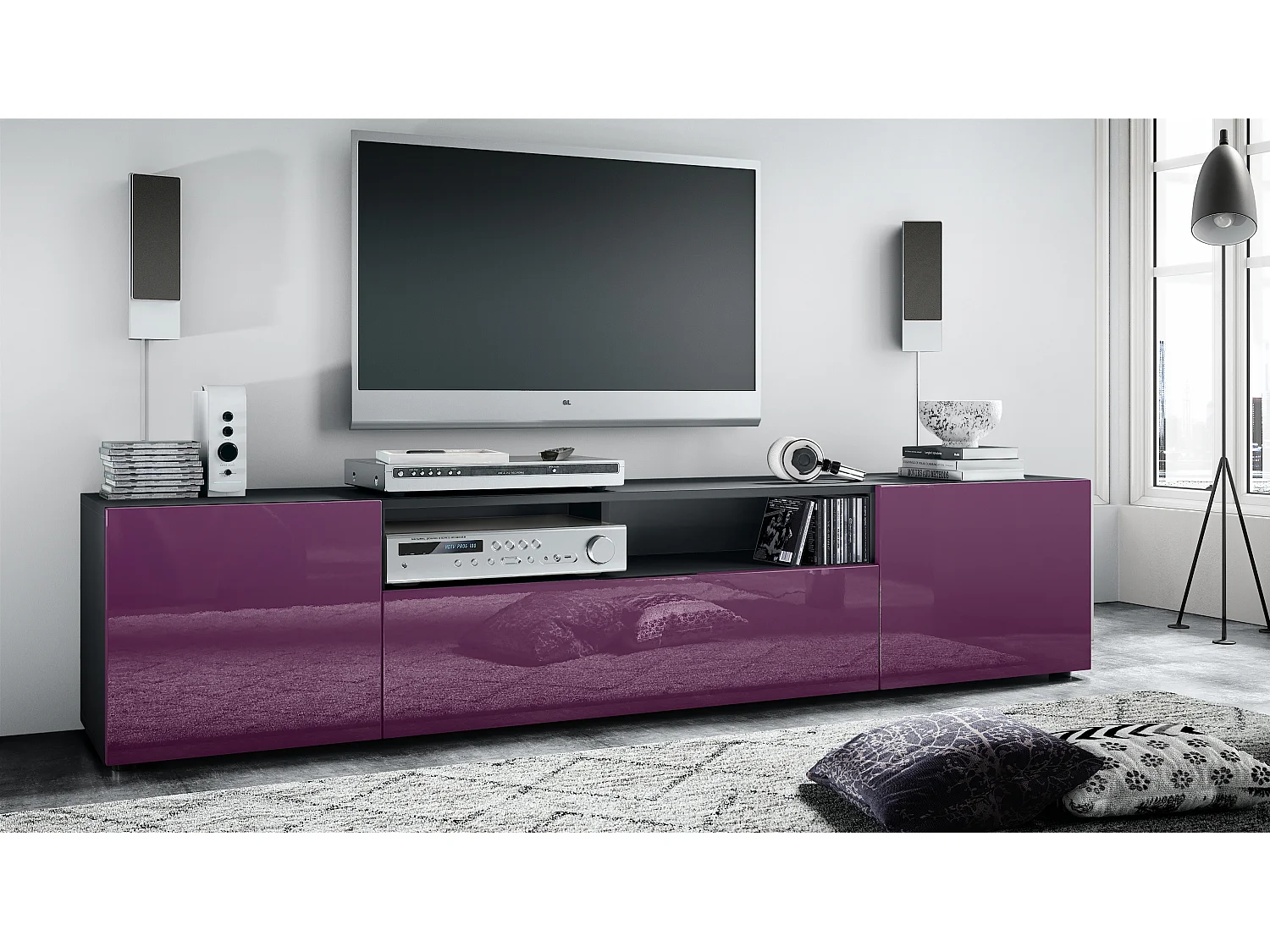 Buffet bas Mogan, Meuble TV avec 2 portes, 1 clapet et 1 compartiment ouvert, Noir mat/Mûre haute brillance (181 x 39 x 35 cm)