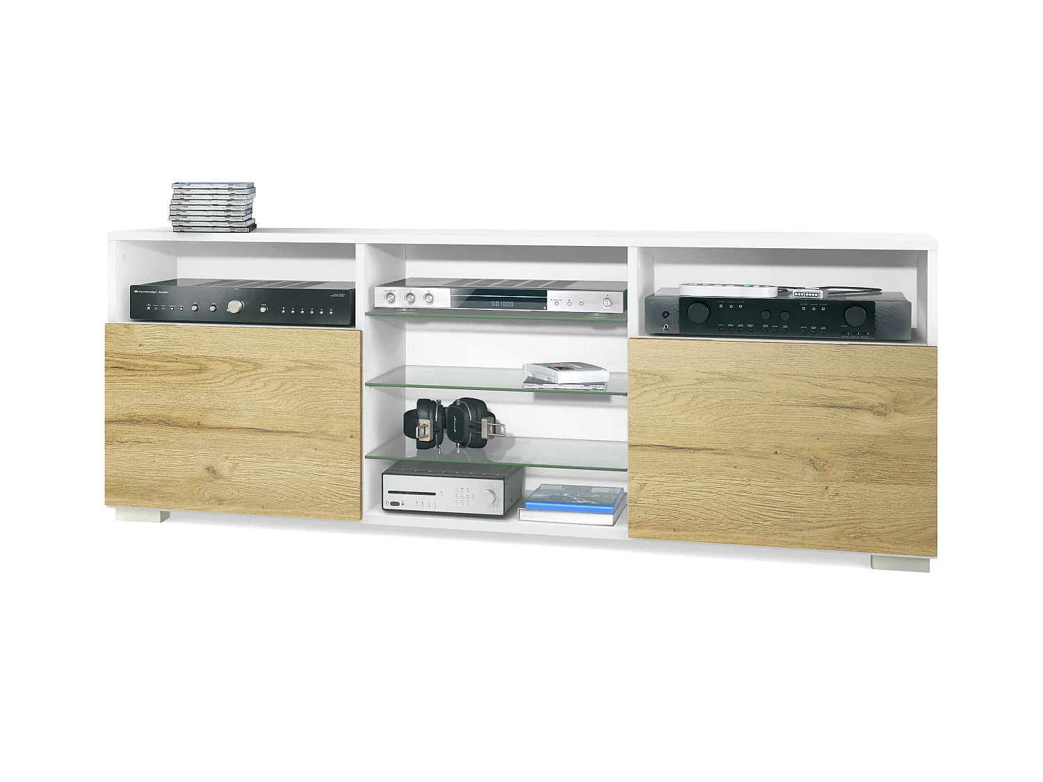 Meuble TV Granada, Lowboard avec 2 portes et 6 compartiments ouverts, corps blanc mat, façades en chêne nature (146 x 54 x 35 cm)