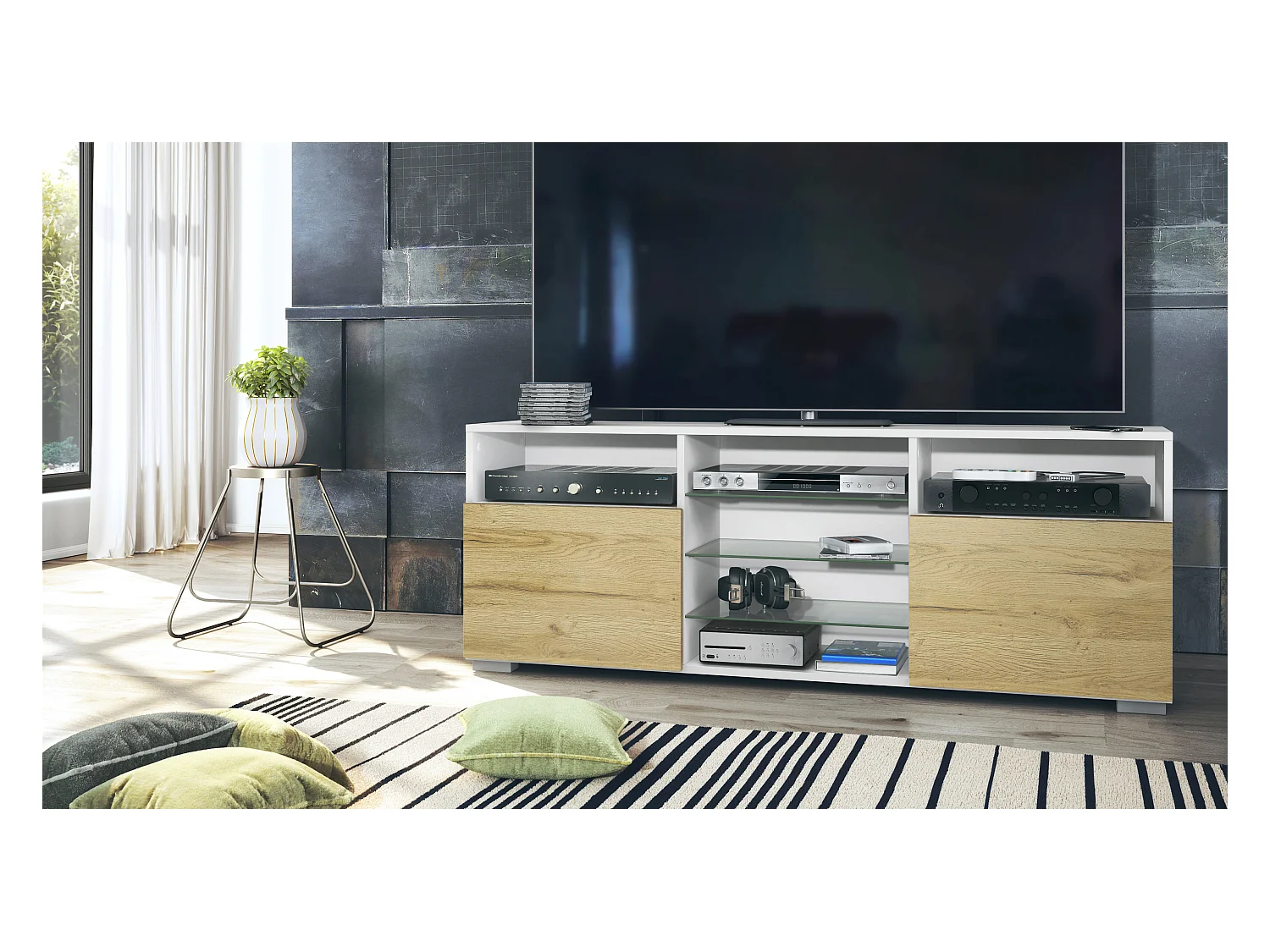 Meuble TV Granada, Lowboard avec 2 portes et 6 compartiments ouverts, corps blanc mat, façades en chêne nature (146 x 54 x 35 cm)