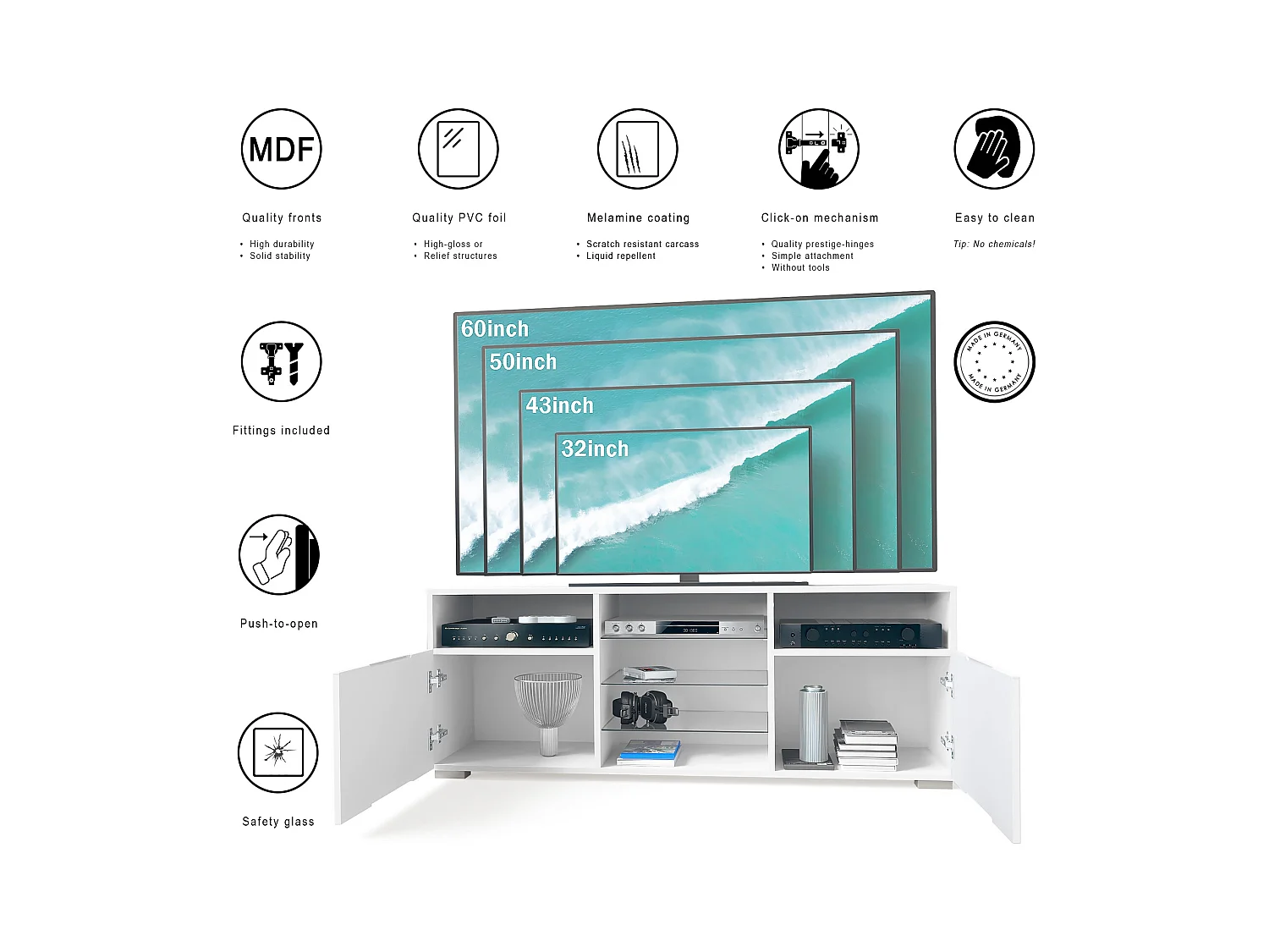 Meuble TV Granada, Lowboard avec 2 portes et 6 compartiments ouverts, corps blanc mat, façades en chêne nature (146 x 54 x 35 cm)