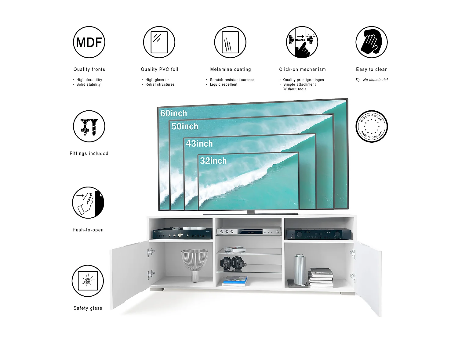Meuble TV Granada, Lowboard avec 2 portes et 6 compartiments ouverts, corps blanc mat, façades en chêne nature (146 x 54 x 35 cm)