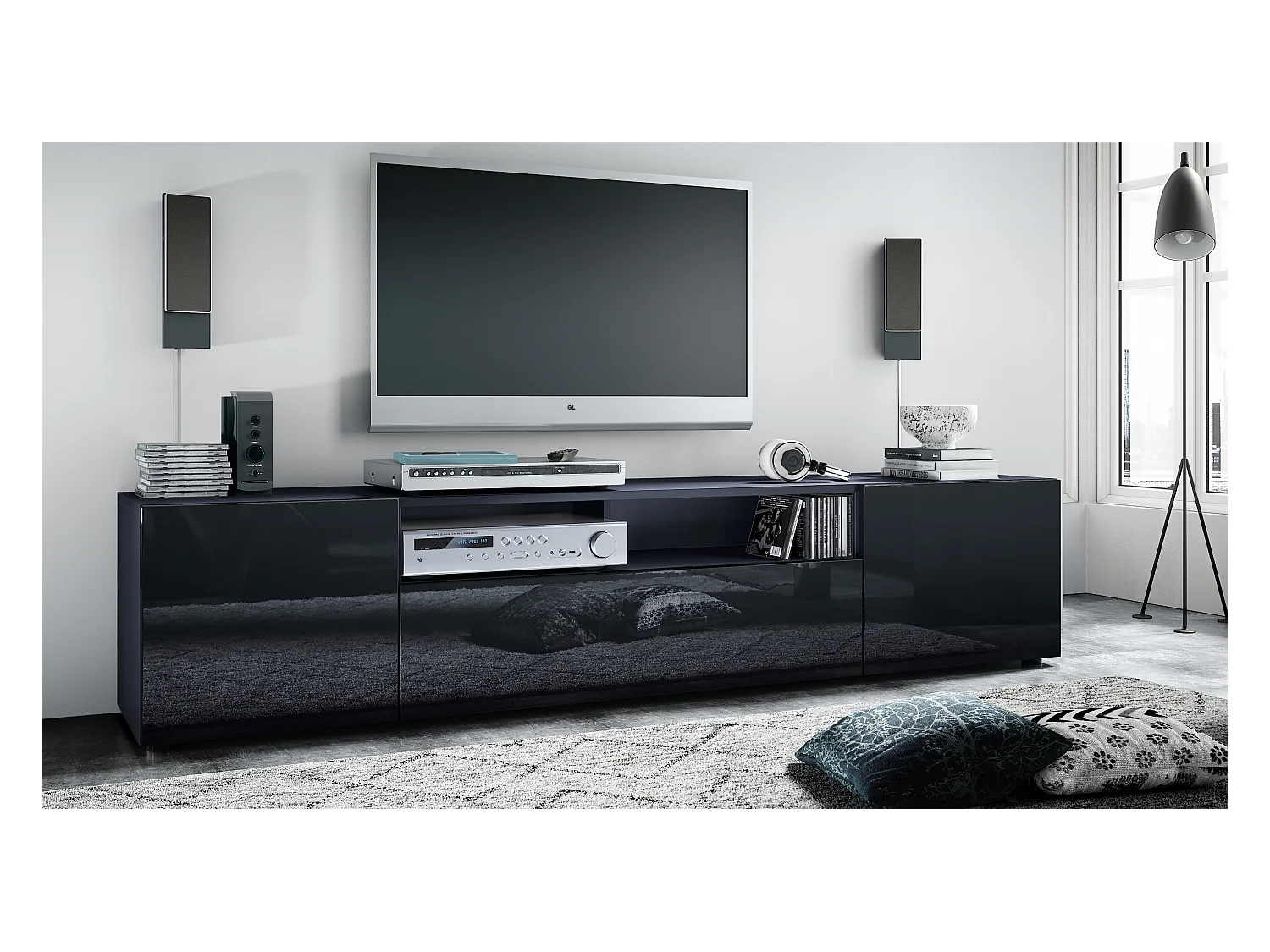 Meuble TV Mogan 181 x 39 x 35 cm, lowboard long avec 6 compartiments, caisson en anthracite mat, façades en Noir haute brillance