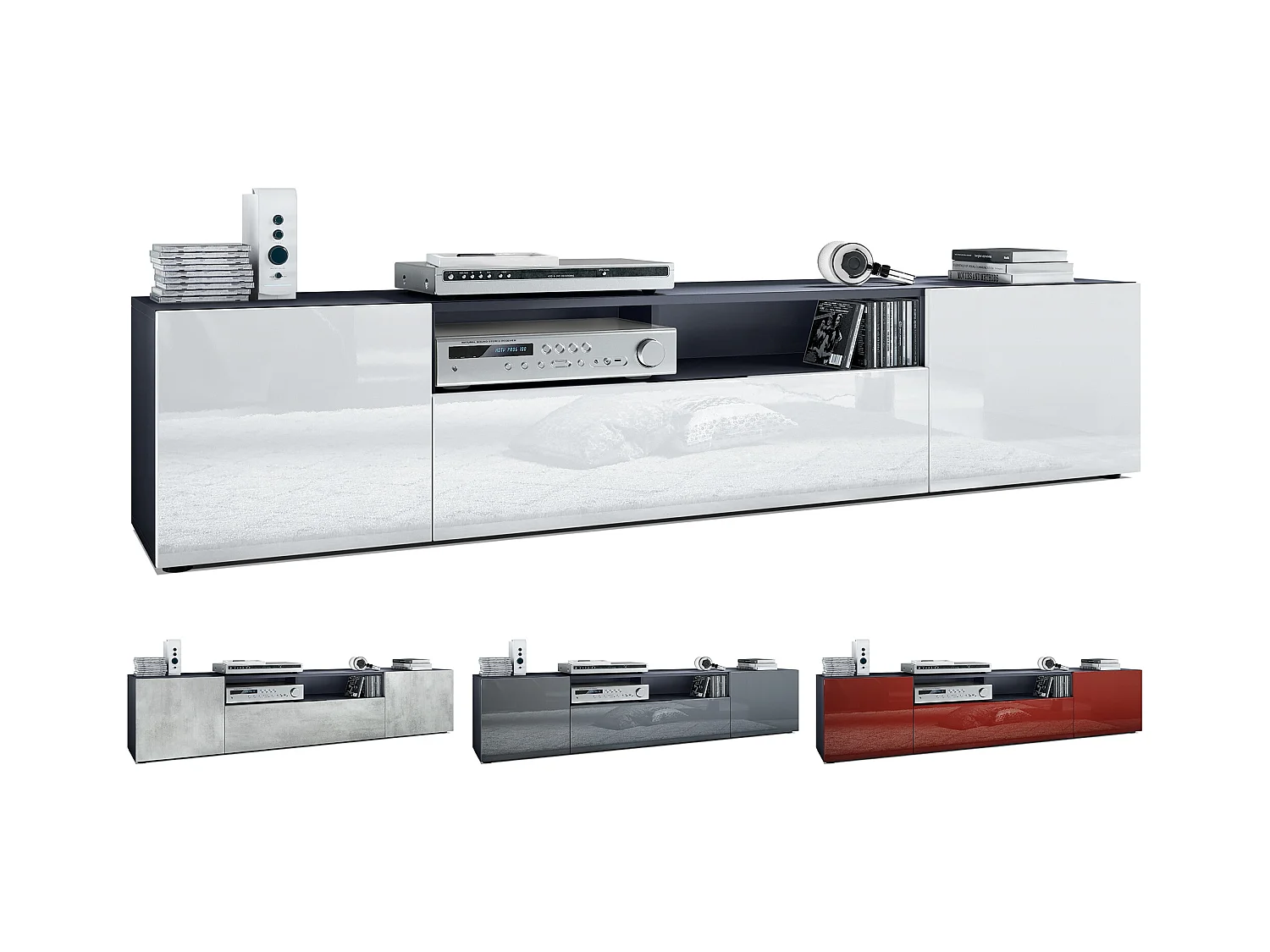 Meuble TV Mogan 181 x 39 x 35 cm, lowboard long avec 6 compartiments, caisson en anthracite mat, façades en Noir haute brillance