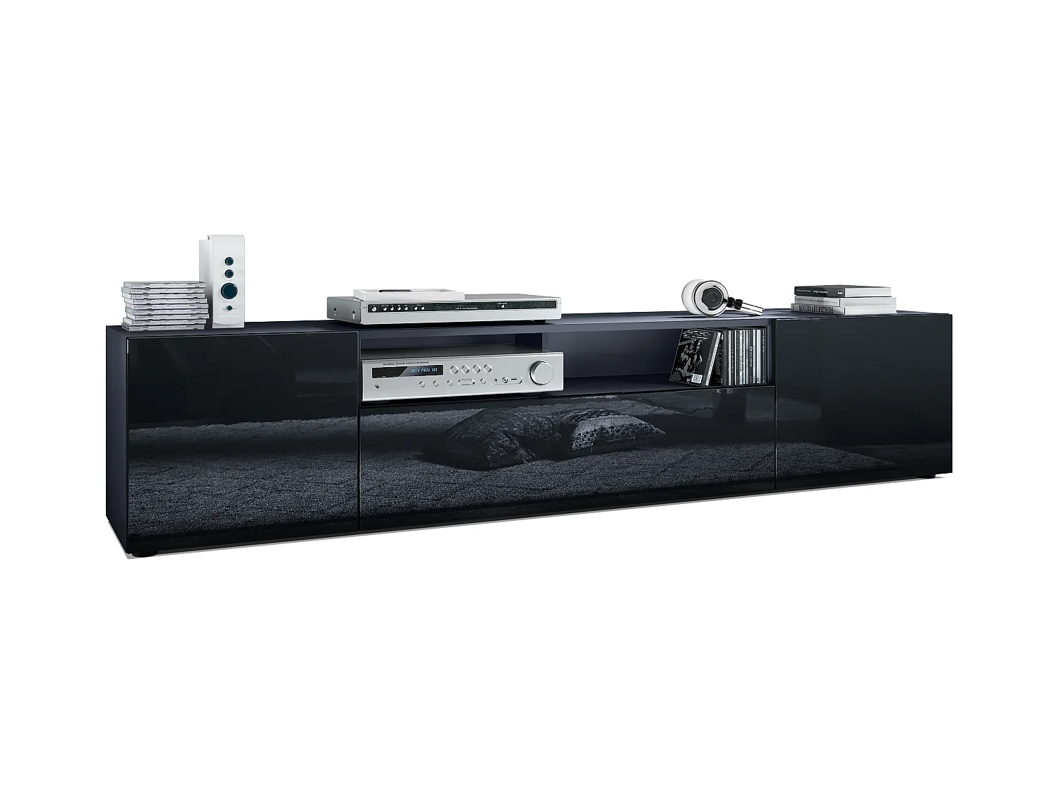 Meuble TV Mogan 181 x 39 x 35 cm, lowboard long avec 6 compartiments, caisson en anthracite mat, façades en Noir haute brillance