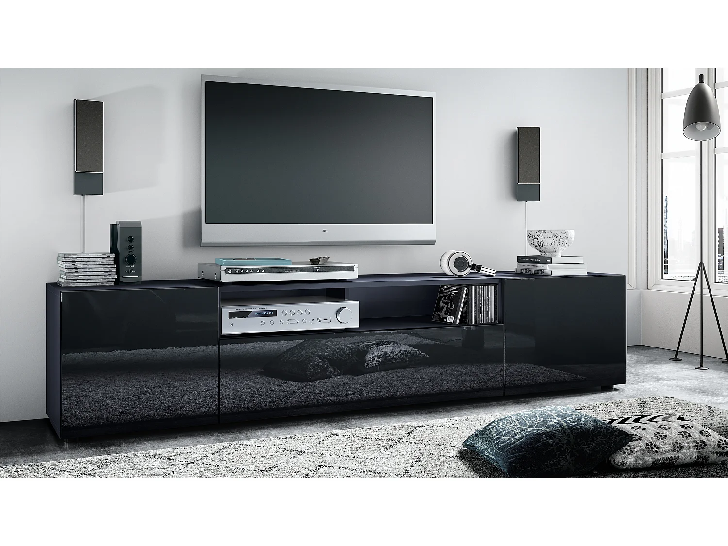 Lavagna TV Mogan 181 x 39 x 35 cm, lavagna lunga con 6 scomparti, corpo in antracite opaco, frontali in nero High Gloss