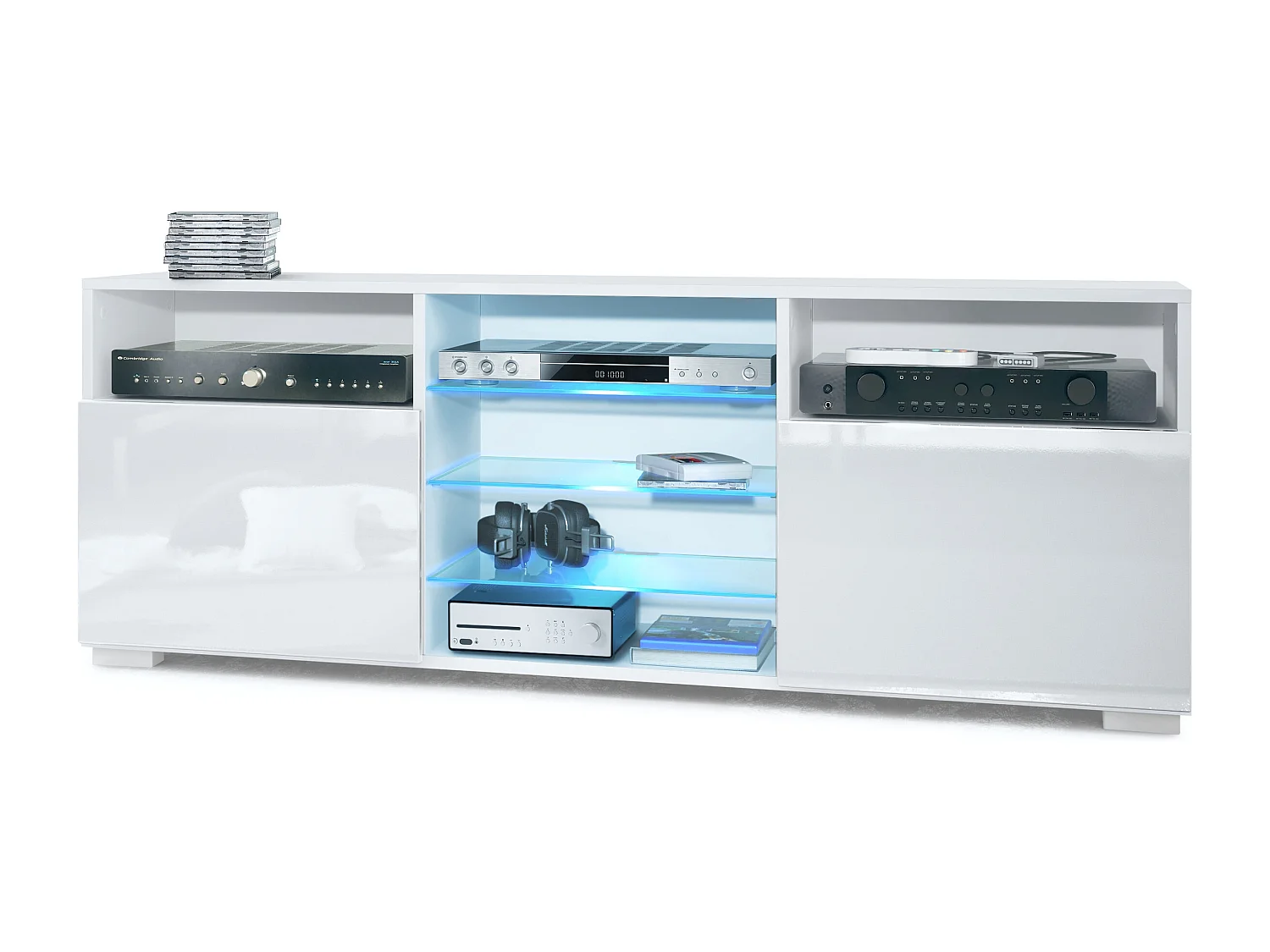 Tavolino TV Granada, mobile per televisore con 2 ante e 6 vani a giorno, mobile bianco opaco, frontali in bianco lucido con illuminazione LED RGB (146 x 54 x 35 cm)