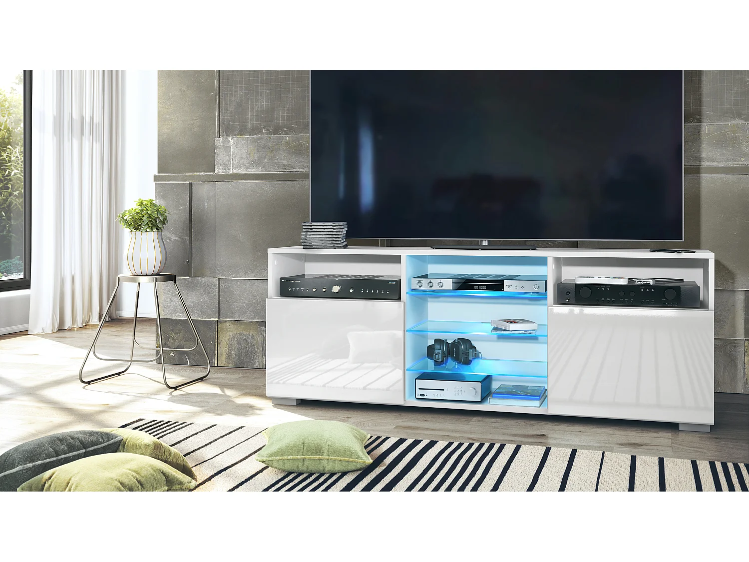 Tavolino TV Granada, mobile per televisore con 2 ante e 6 vani a giorno, mobile bianco opaco, frontali in bianco lucido con illuminazione LED RGB (146 x 54 x 35 cm)