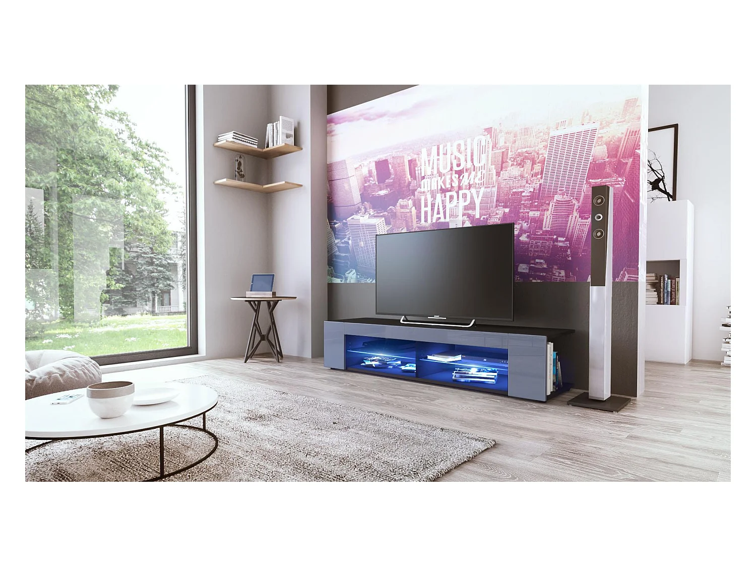 Buffet bas Movie, Meuble TV avec 4 compartiments ouverts et placages décoratifs, Noir mat/Gris haute brillance, éclairage LED bleu inclus (134 x 29 x 39 cm)