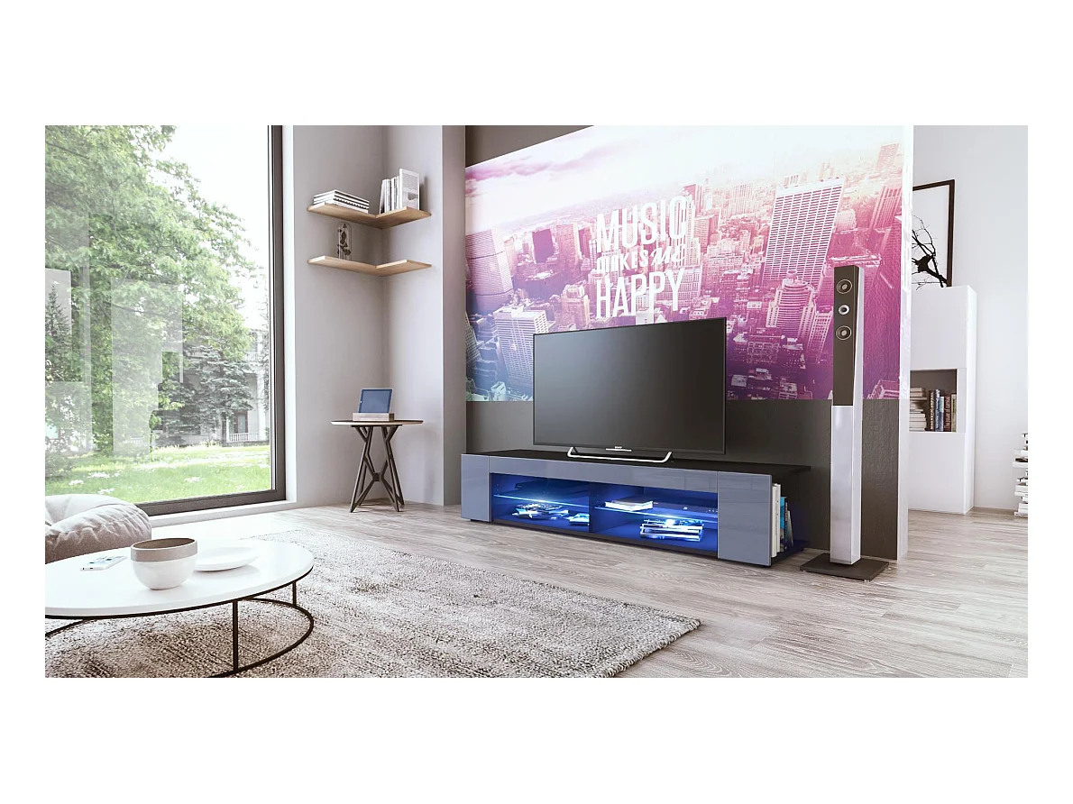 Buffet bas Movie, Meuble TV avec 4 compartiments ouverts et placages décoratifs, Noir mat/Gris haute brillance, éclairage LED bleu inclus (134 x 29 x 39 cm)