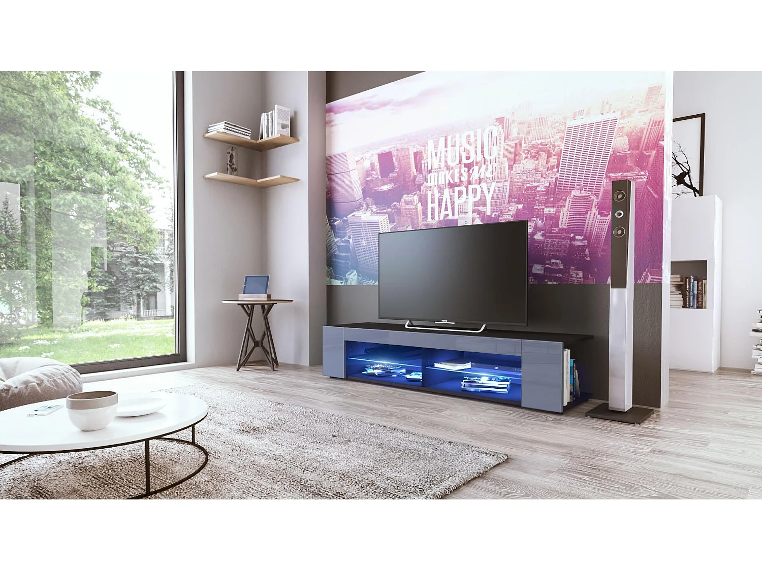 Buffet bas Movie, Meuble TV avec 4 compartiments ouverts et placages décoratifs, Noir mat/Gris haute brillance, éclairage LED bleu inclus (134 x 29 x 39 cm)