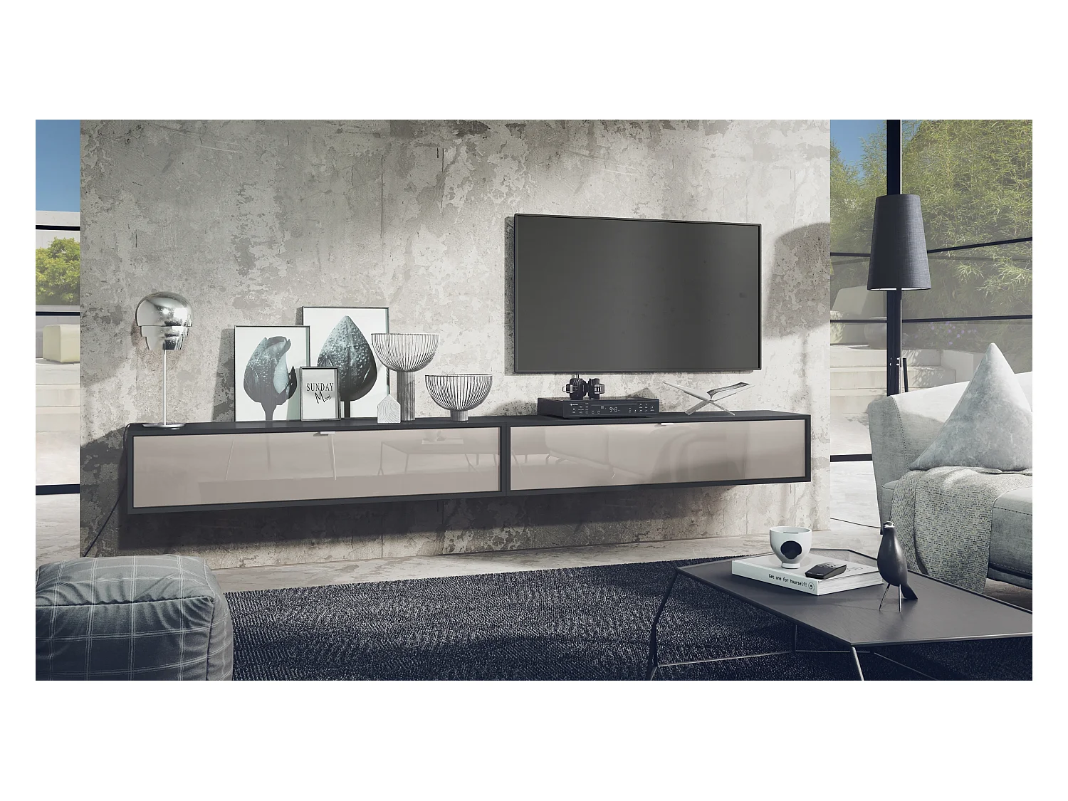 Ensemble de 2 Set Meuble TV Lana 140, lowboards de 140x29x37 cm chacun avec Beaucoup d'espace de Rangement en Noir Mat, façades en Gris Sable brillant…